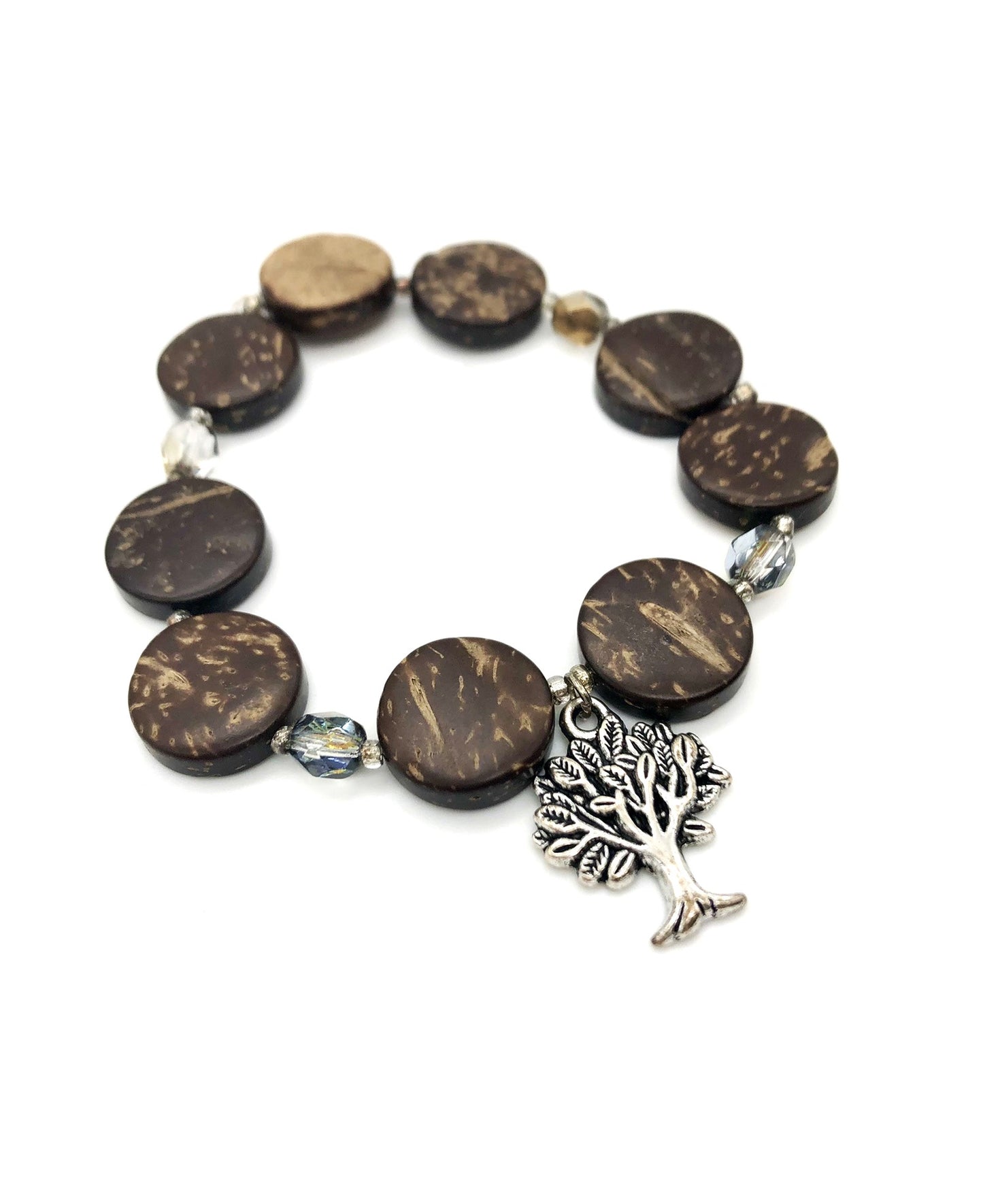 Antique silver round tree charm, round wood bead, amber glass bead stretch bracelet