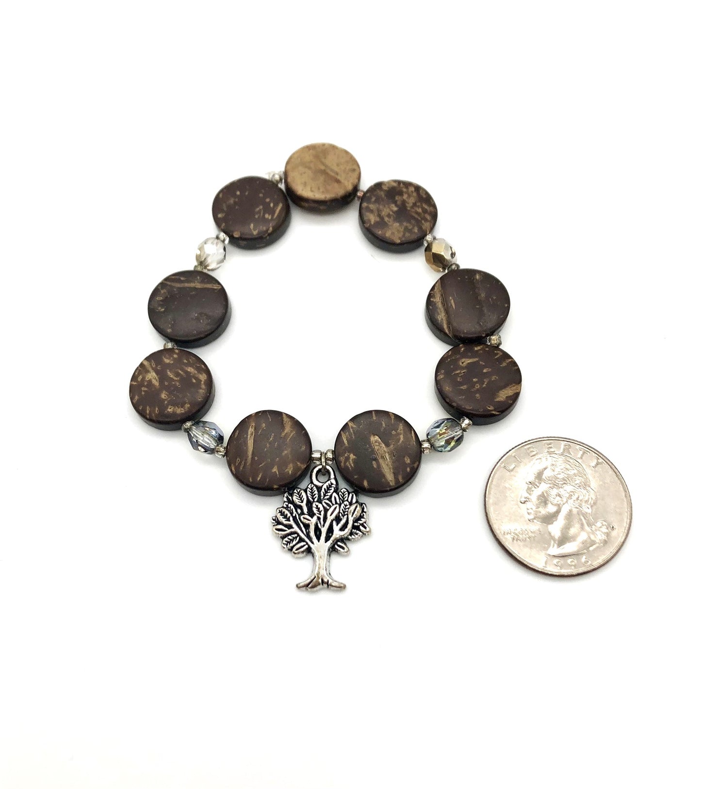 Antique silver round tree charm, round wood bead, amber glass bead stretch bracelet