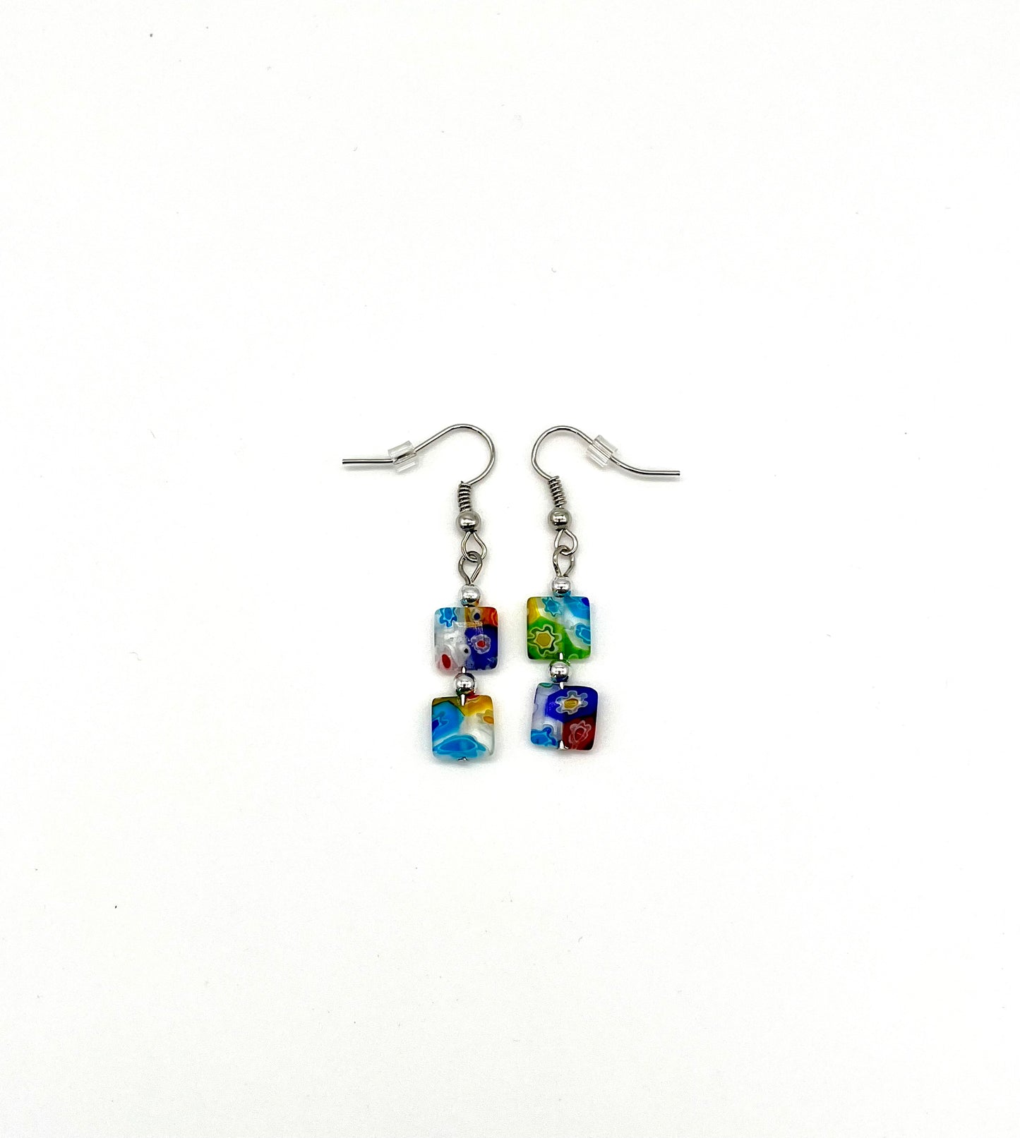 Multi-color millefiori square glass bead earrings