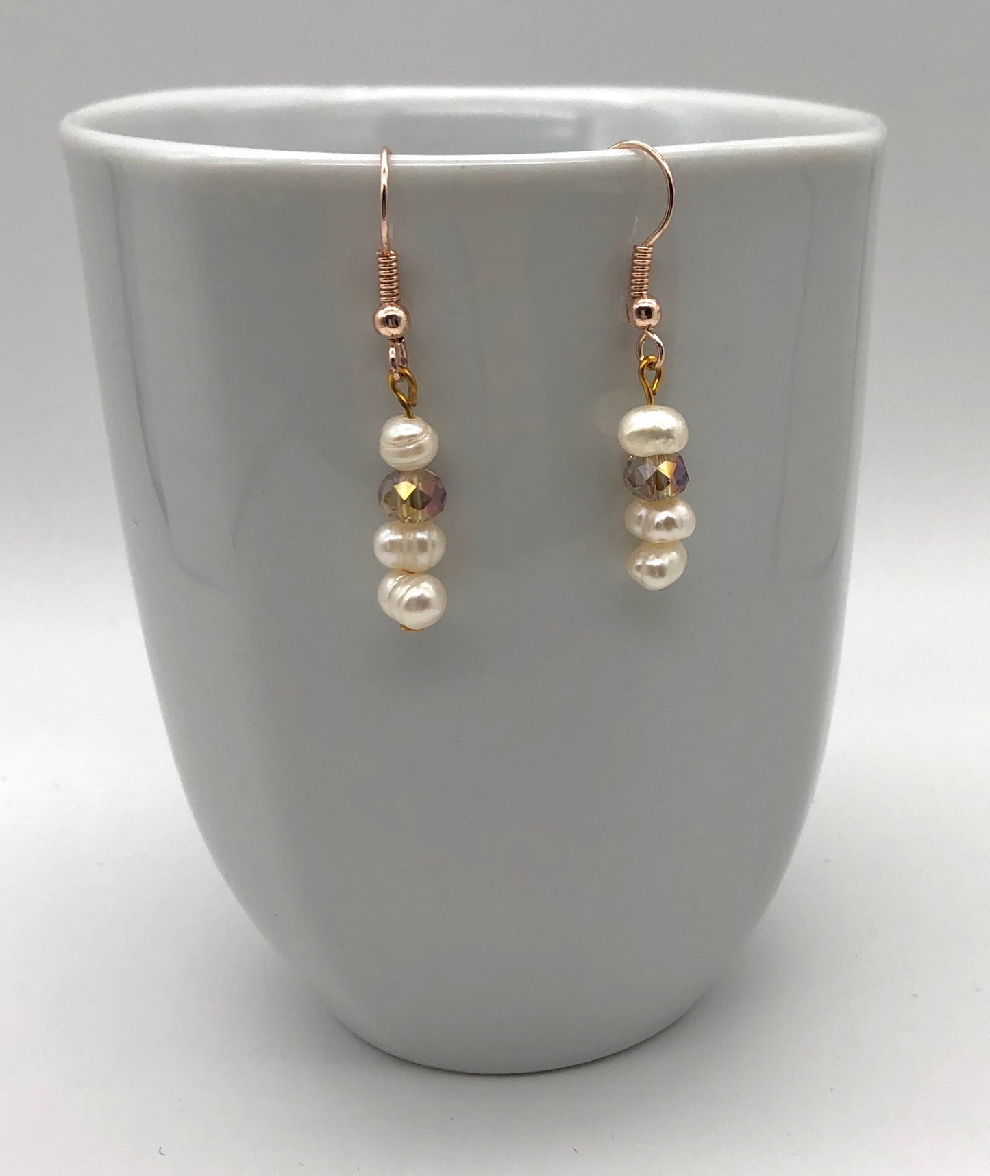 Champagne glass bead and freshwater pearl rose gold fishhook earrings