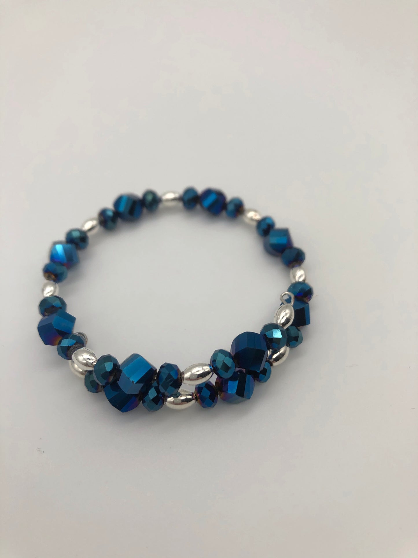 Metallic blue silver bead memory wire bracelet