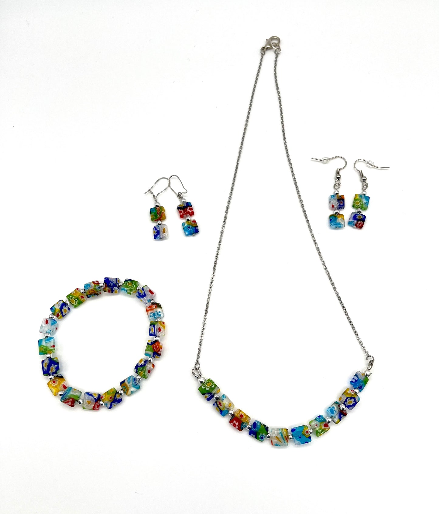 Multi-color millefiori square glass bead earrings