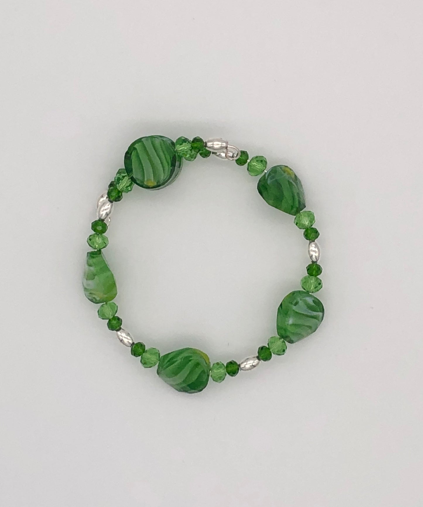 Green marble glass beads silver oval beads memory wire bracelet