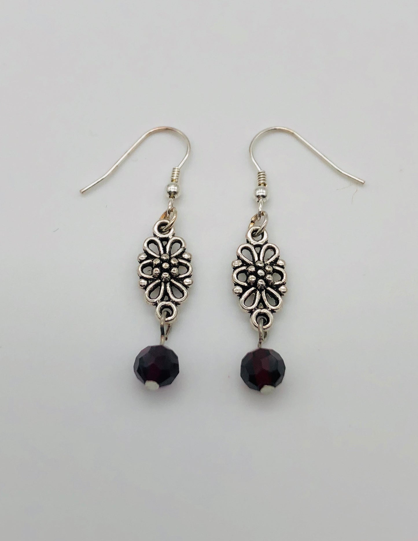 Purple glass bead flower drop earrings
