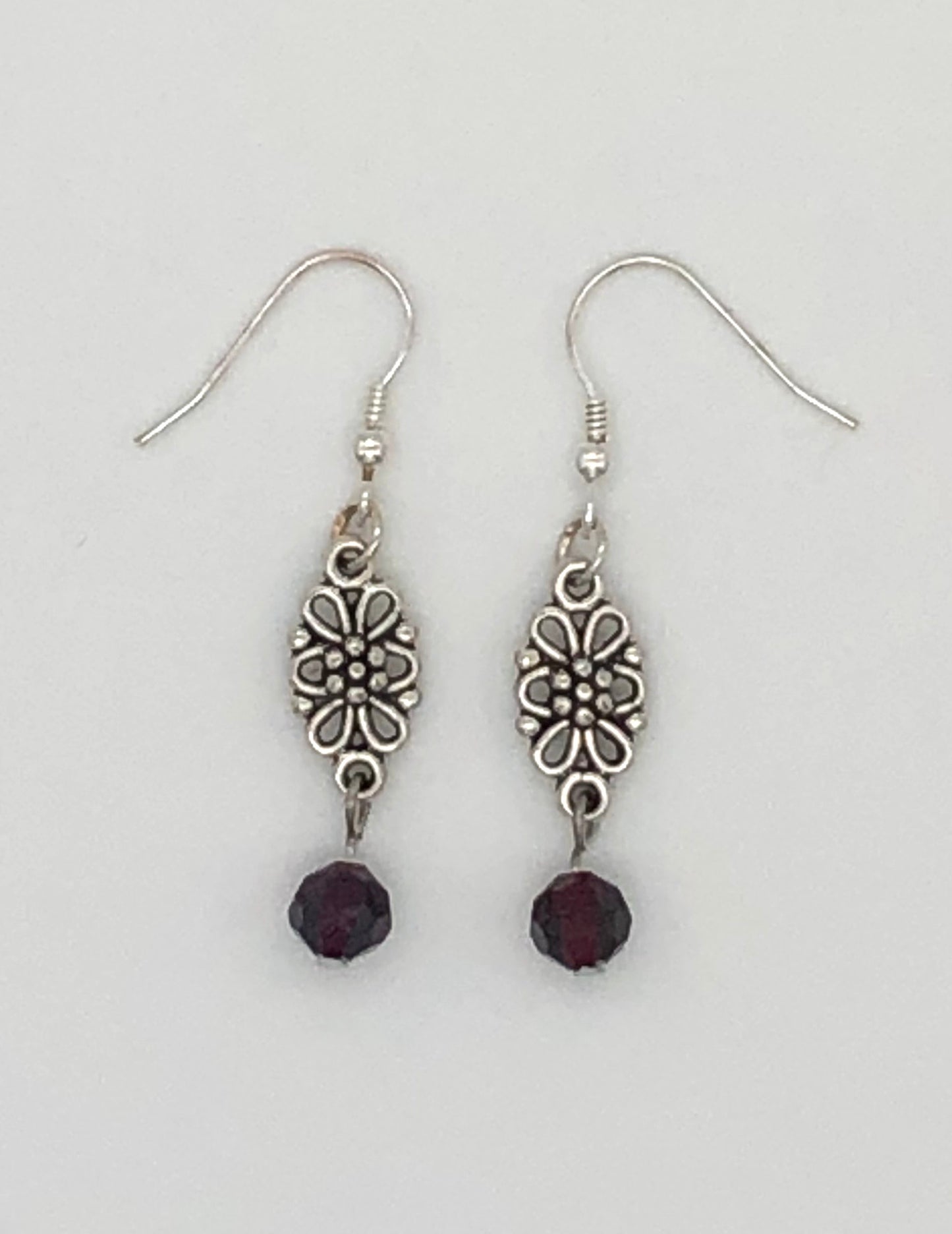 Purple glass bead flower drop earrings