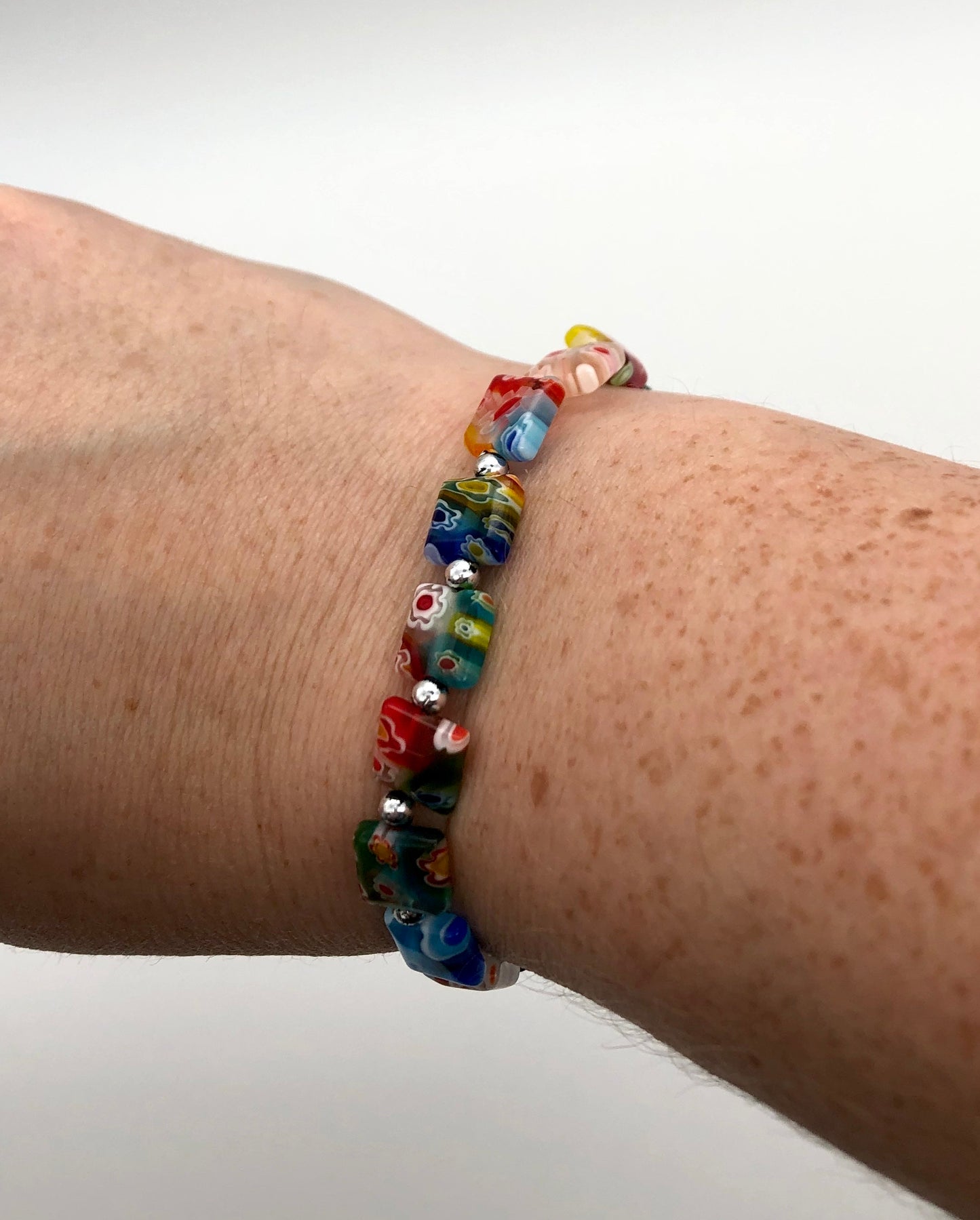 Multi-colored millefiori square beaded stretch bracelet
