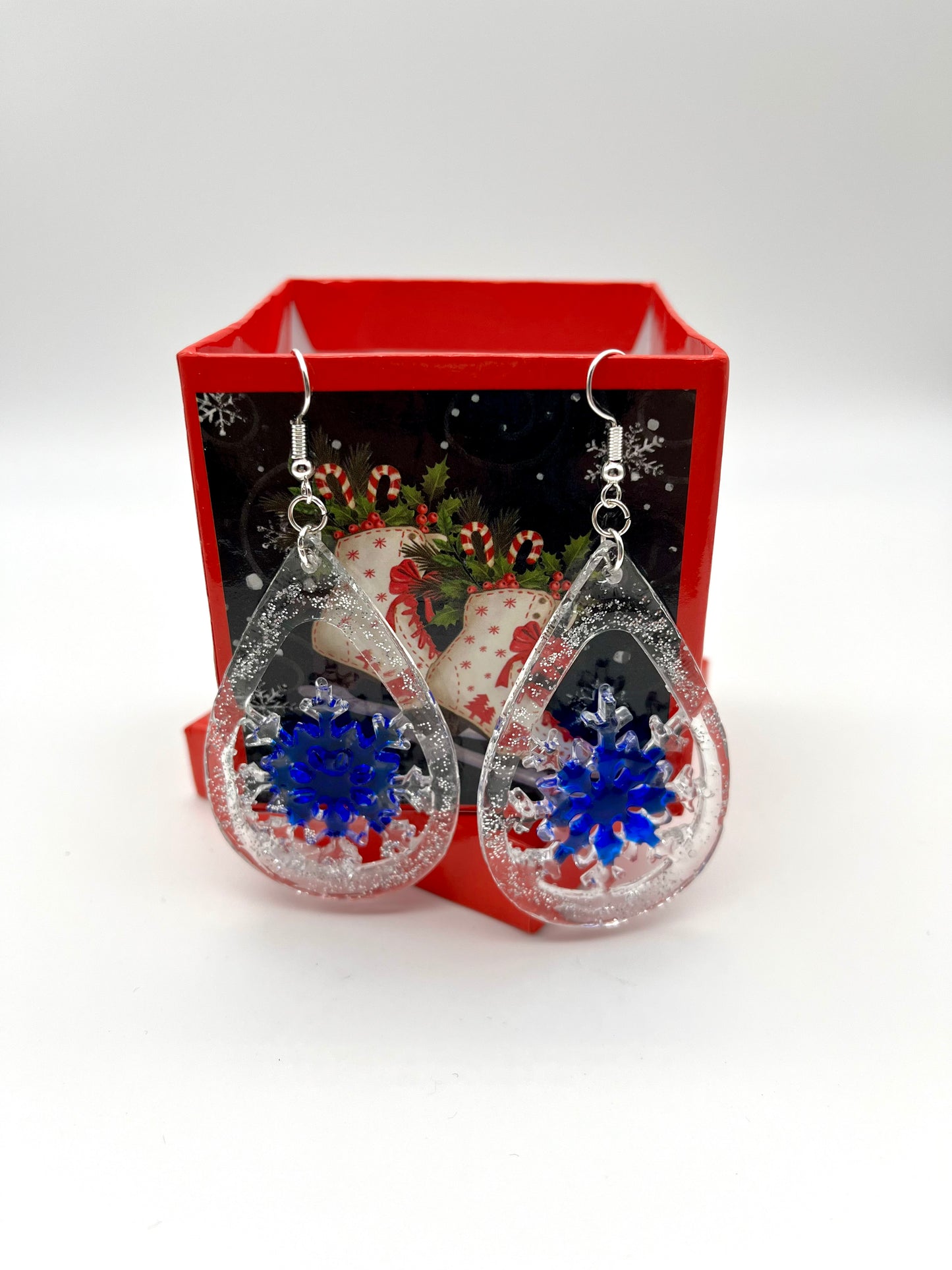 Resin snowflake teardrop shape earrings
