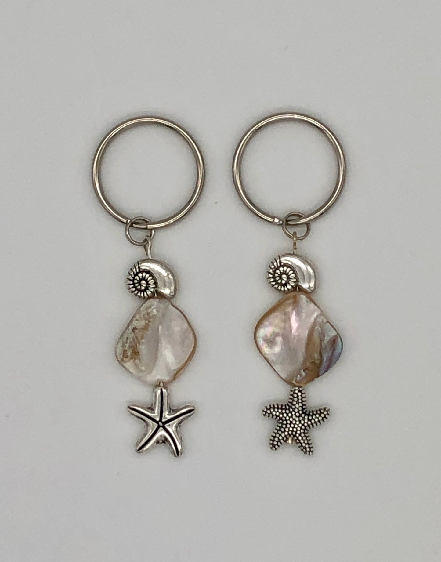 Glass bead keychain, beach shell keychain, silver heart keychain