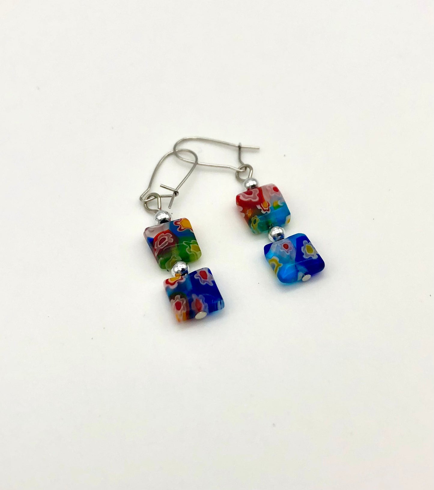 Multi-color millefiori square glass bead earrings