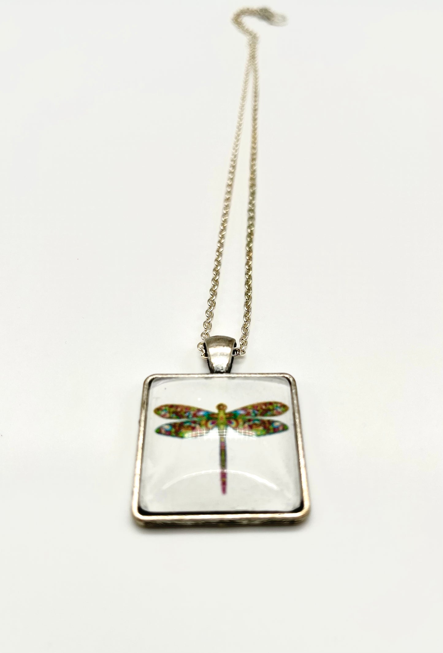 Antique silver dragonfly print square pendant chain necklace-limited edition