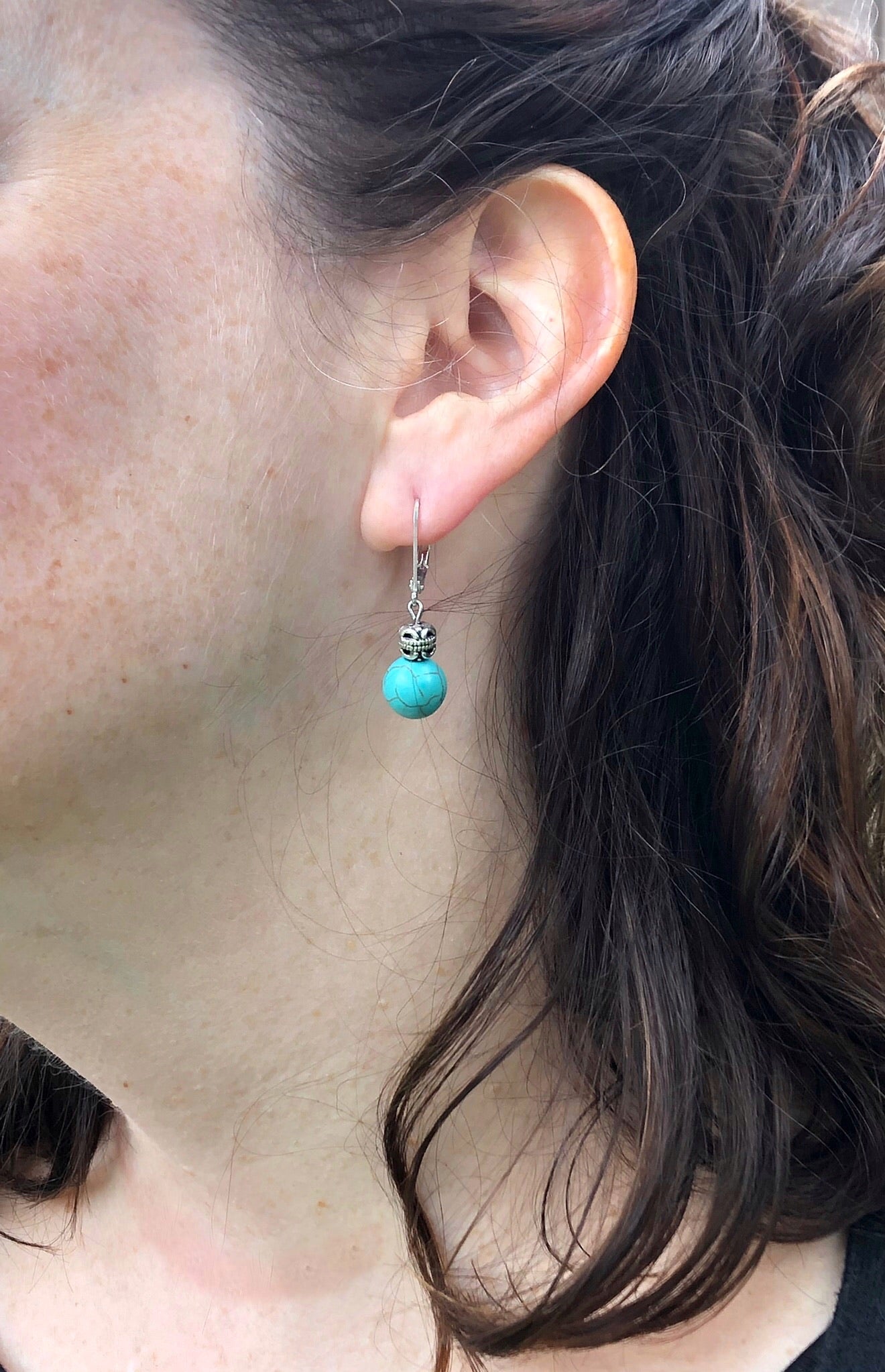 Silver with round turquoise bead earrings
