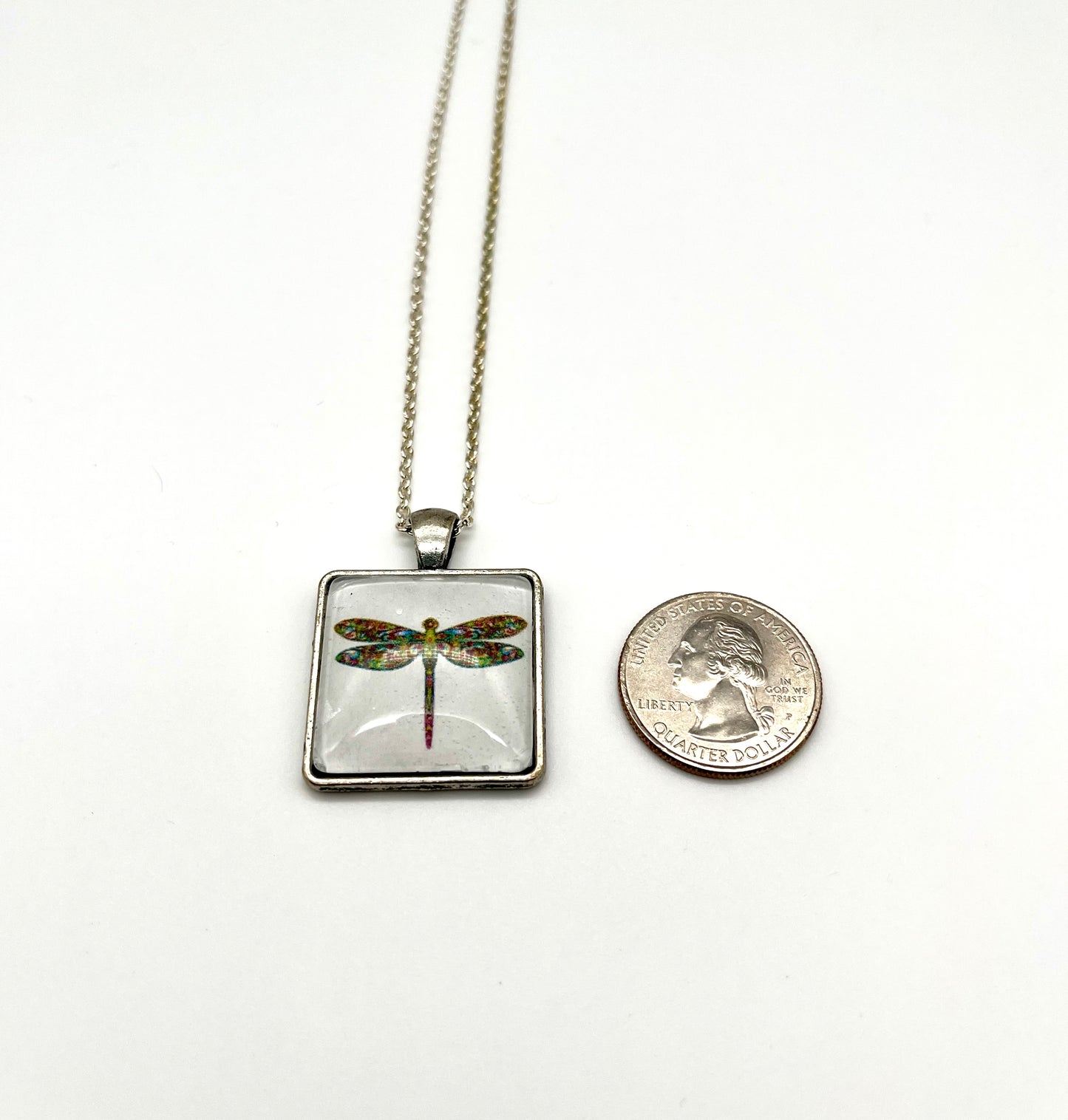 Antique silver dragonfly print square pendant chain necklace-limited edition