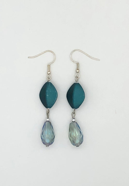 Teal matte oval bead and iris blue teardrop bead earrings