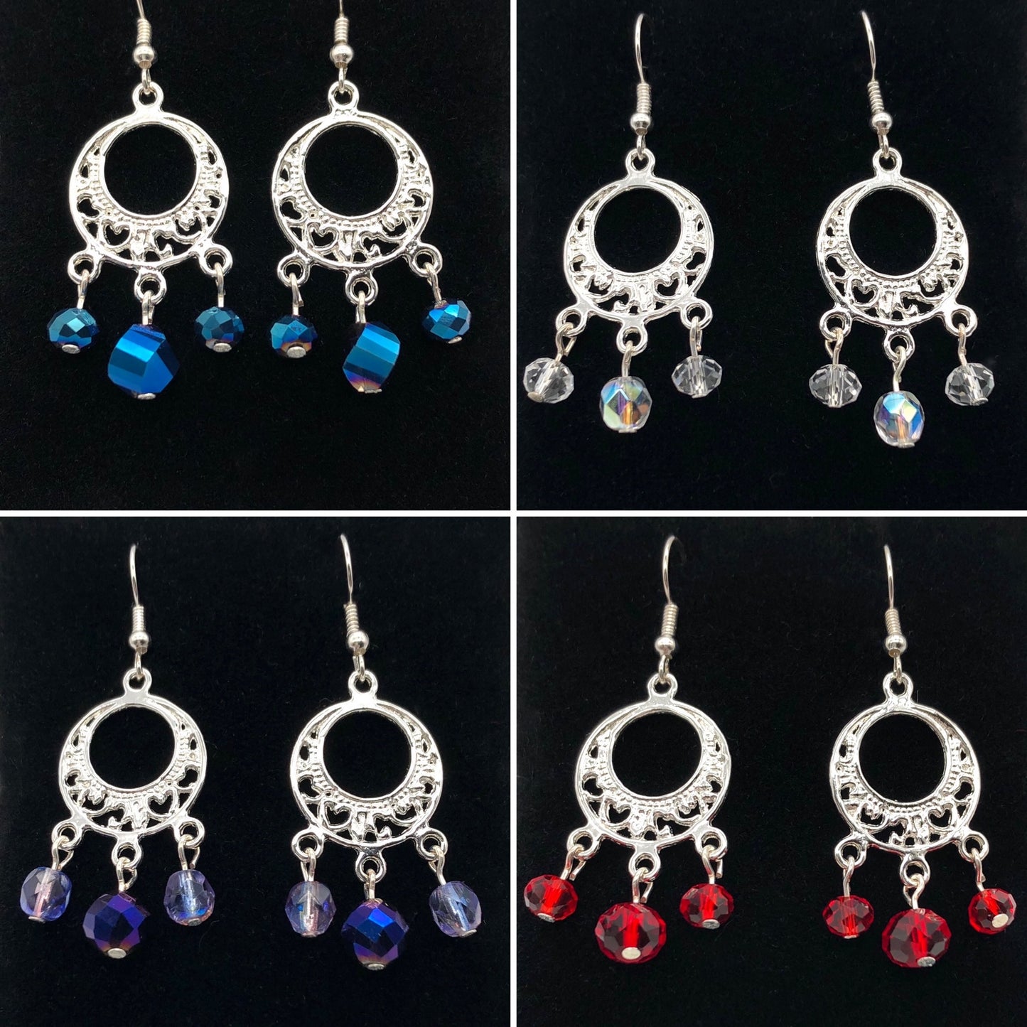 Three glass bead silver plated chandelier fishhook earrings