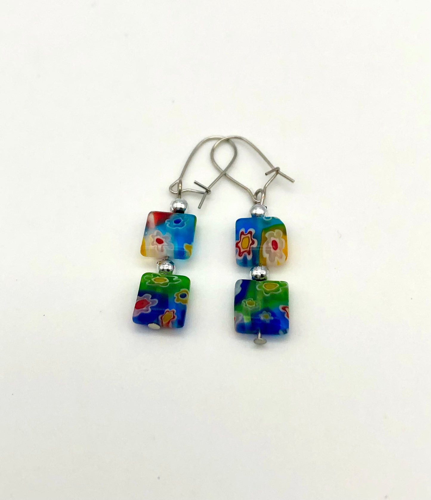 Multi-color millefiori square glass bead earrings