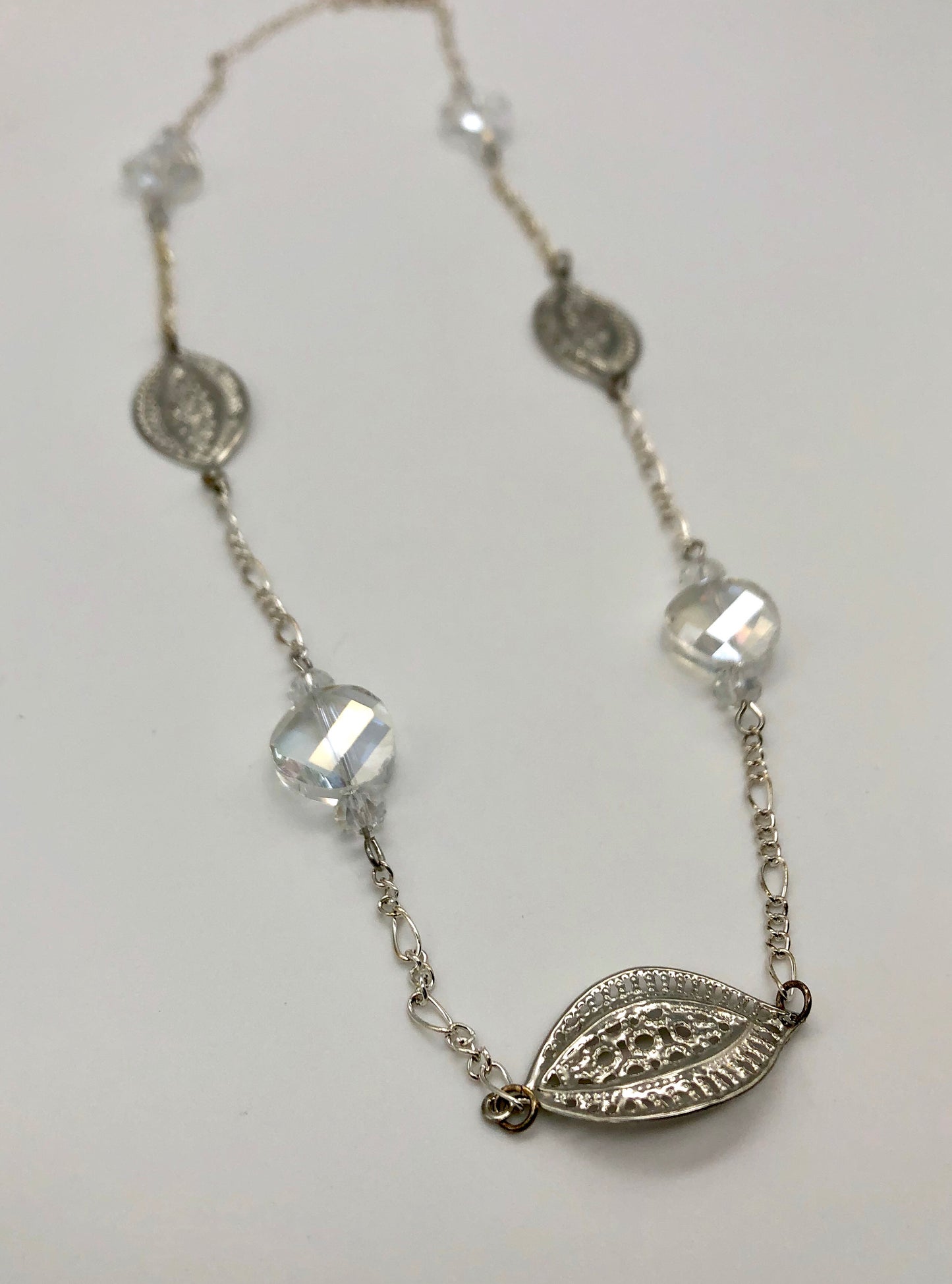 Silver plated paisley cut connector and round crystal glass bead chain necklace