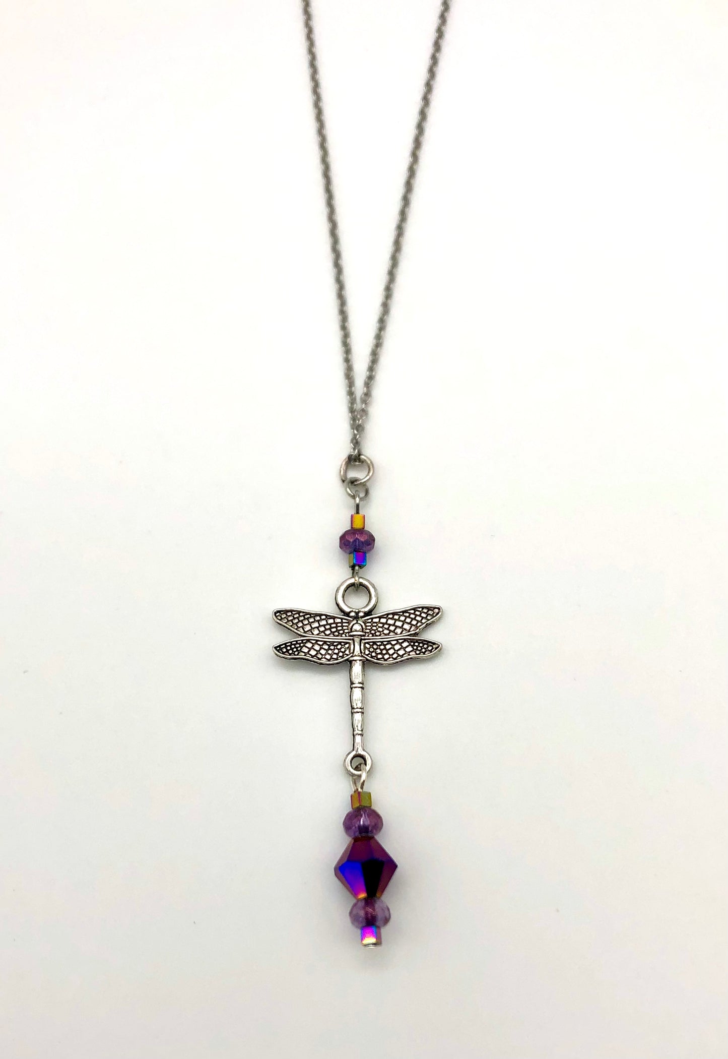 Dragonfly pendant with glass bead detail stainless steel necklace