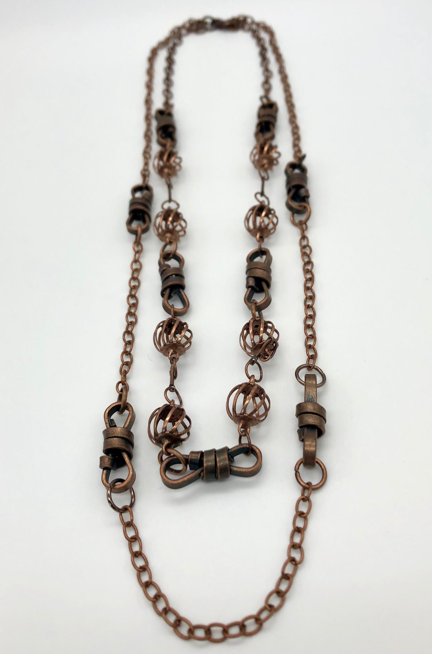 Oxidized copper two-strand chain with rope and curve ball detail necklace