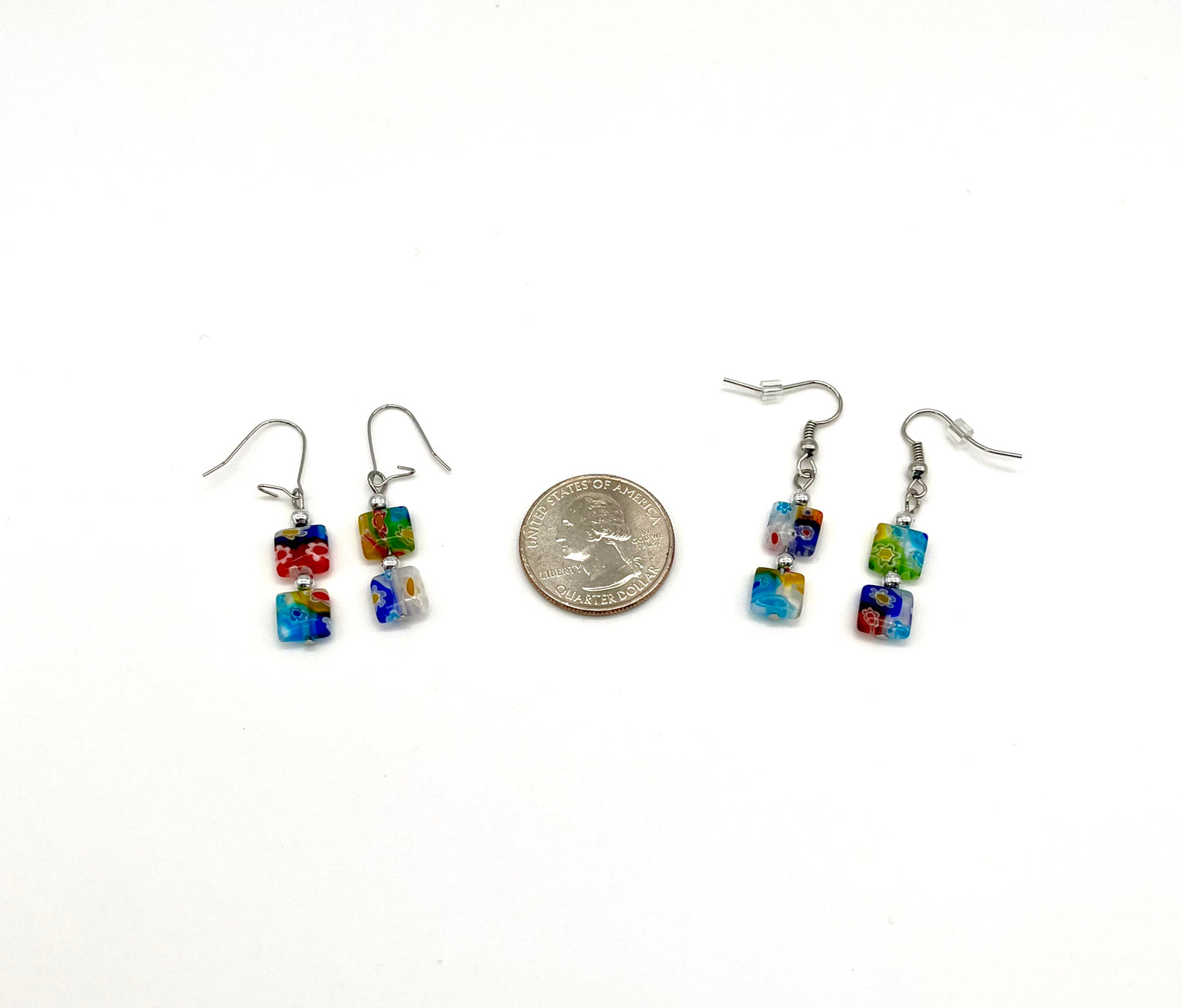 Multi-color millefiori square glass bead earrings