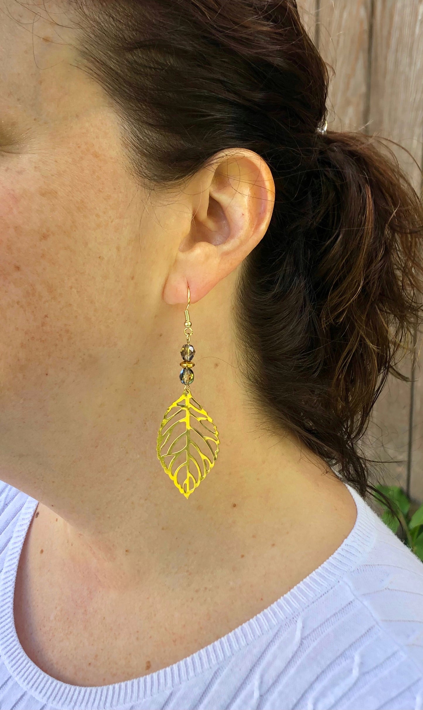 Gold leaf with gold and amber beads earrings