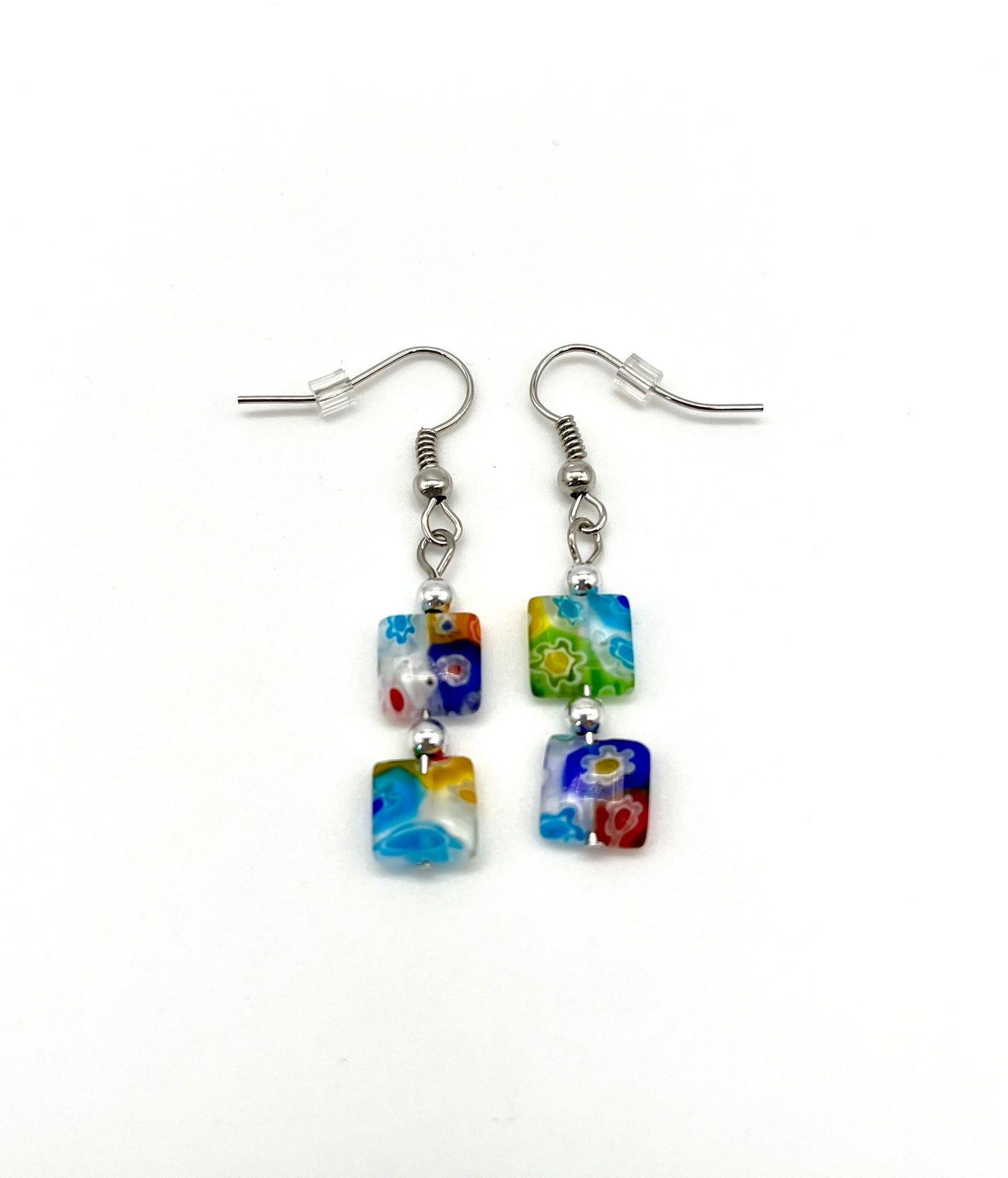 Multi-color millefiori square glass bead earrings