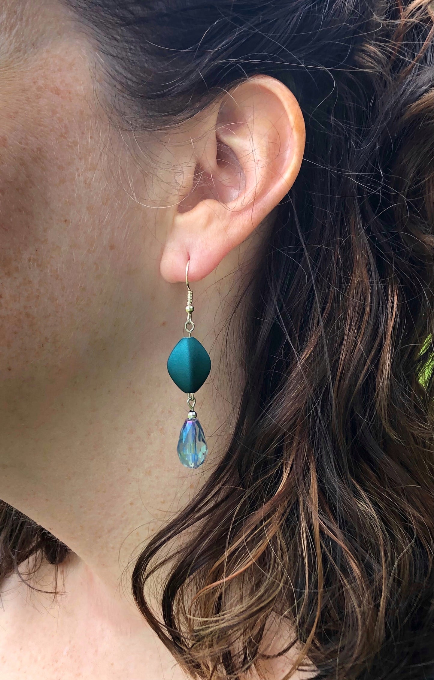 Teal matte oval bead and iris blue teardrop bead earrings