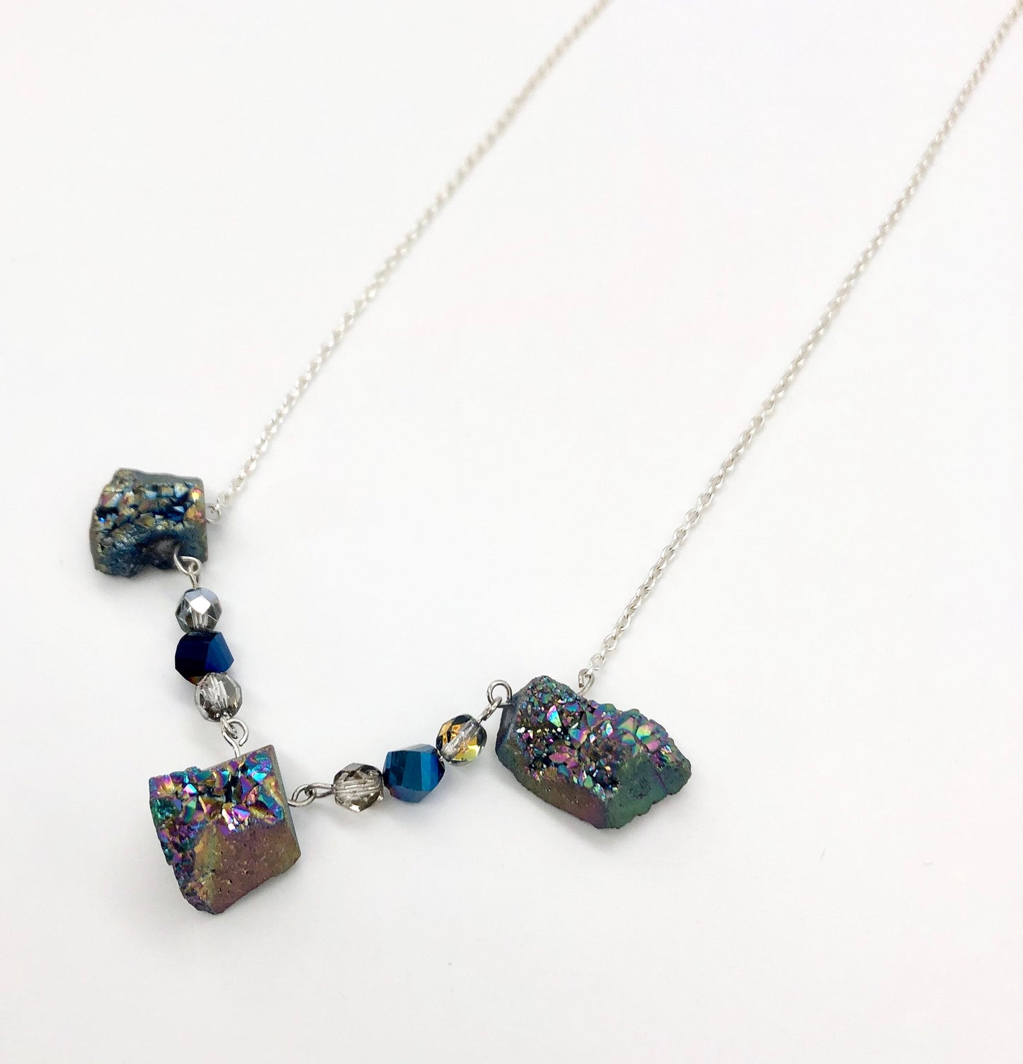 Blue druzy and silver chain necklace
