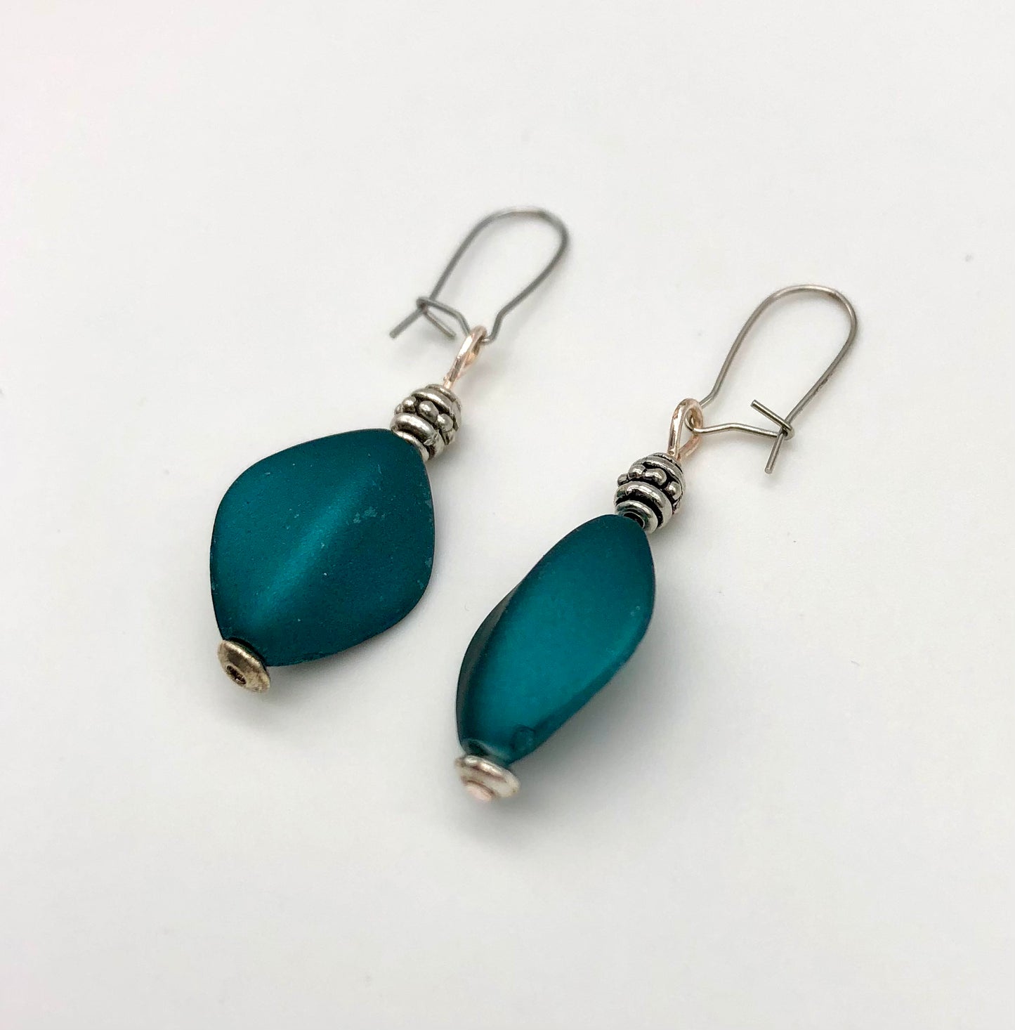 Teal matte oval bead earrings