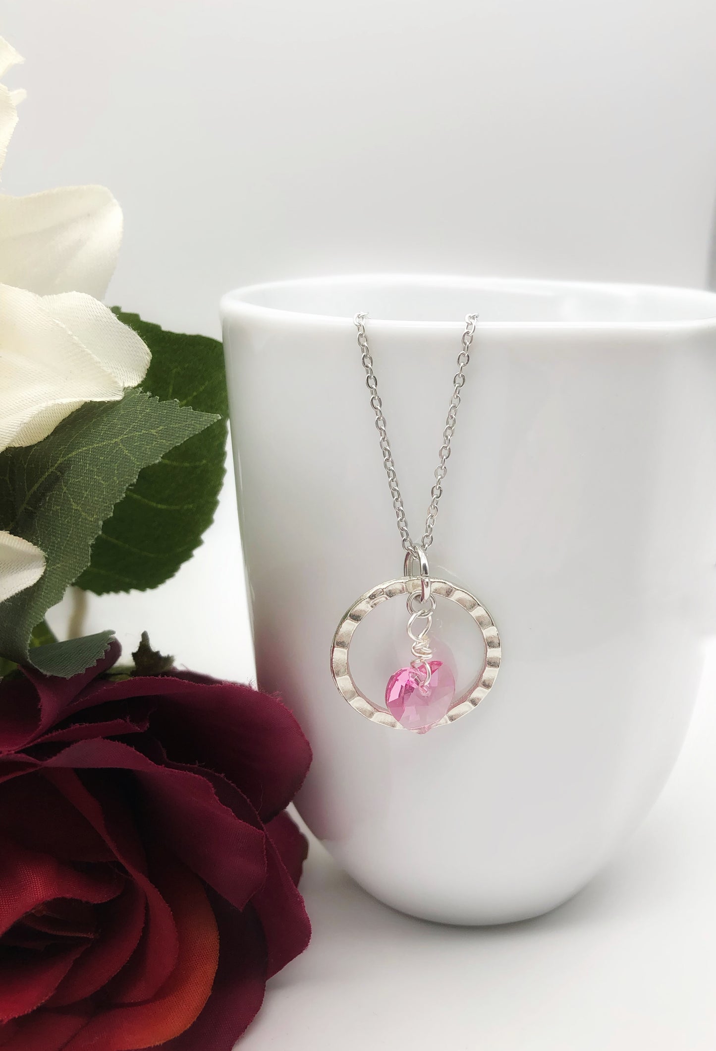 Pink crystal heart pendant silver chain necklace