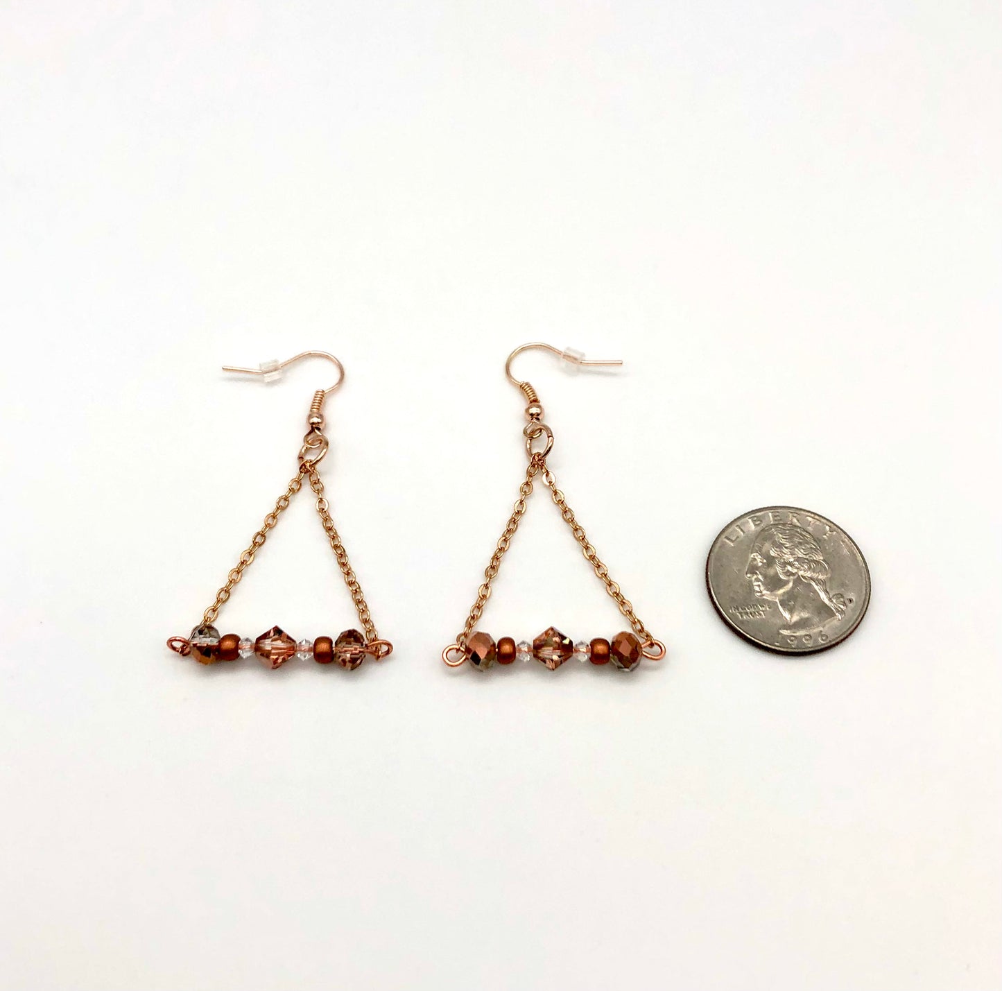 Rose gold bead and chain triangle earrings