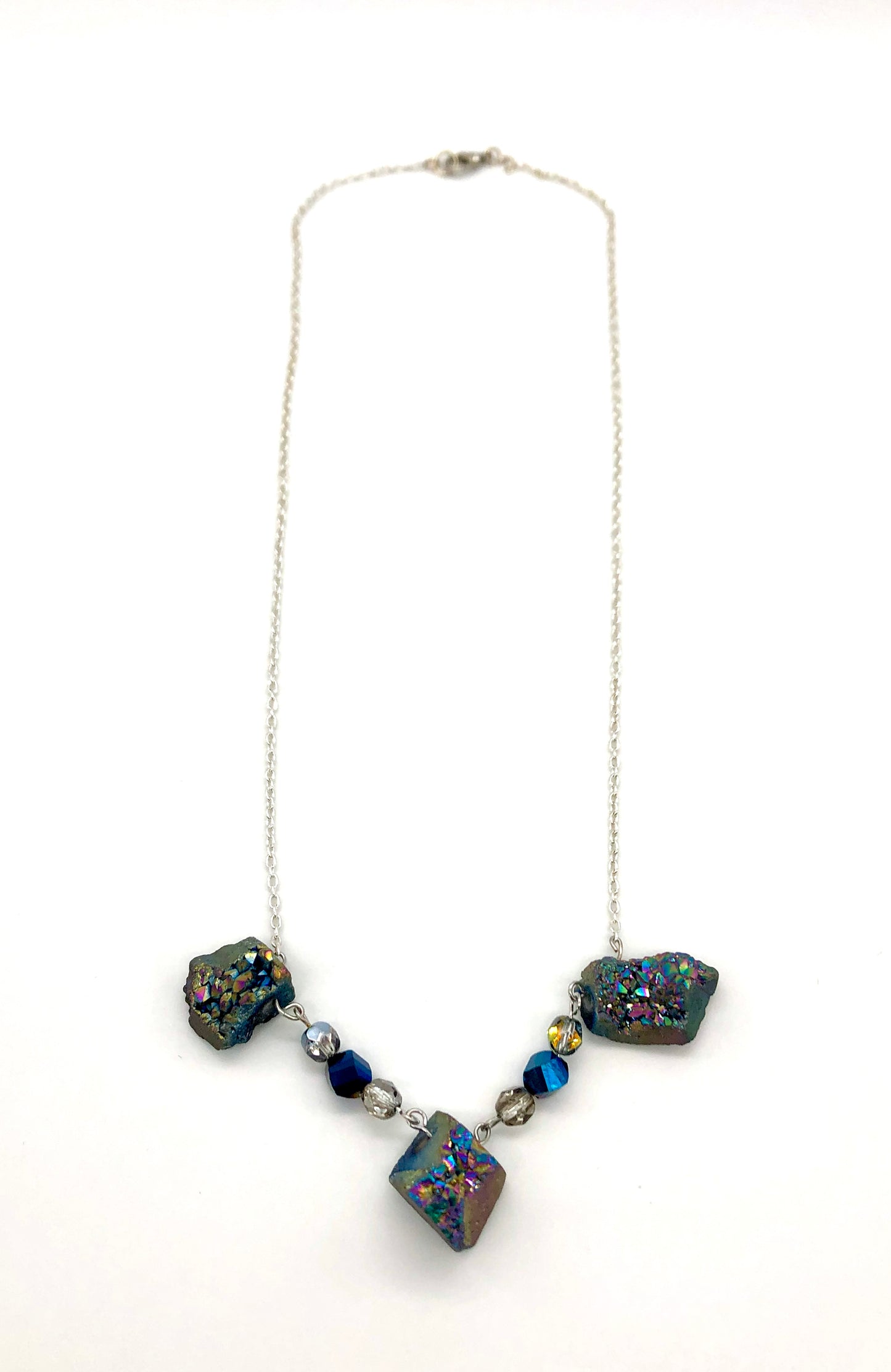 Blue druzy and silver chain necklace