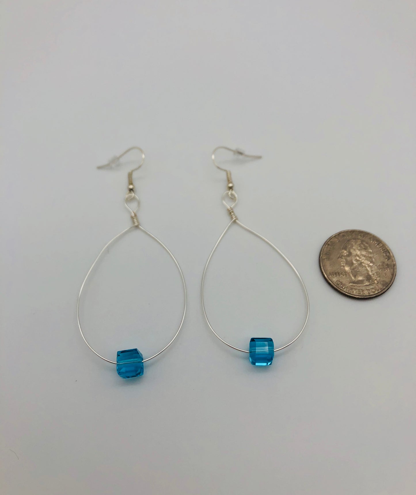 Long wire-wrap aqua glass cube loop earrings