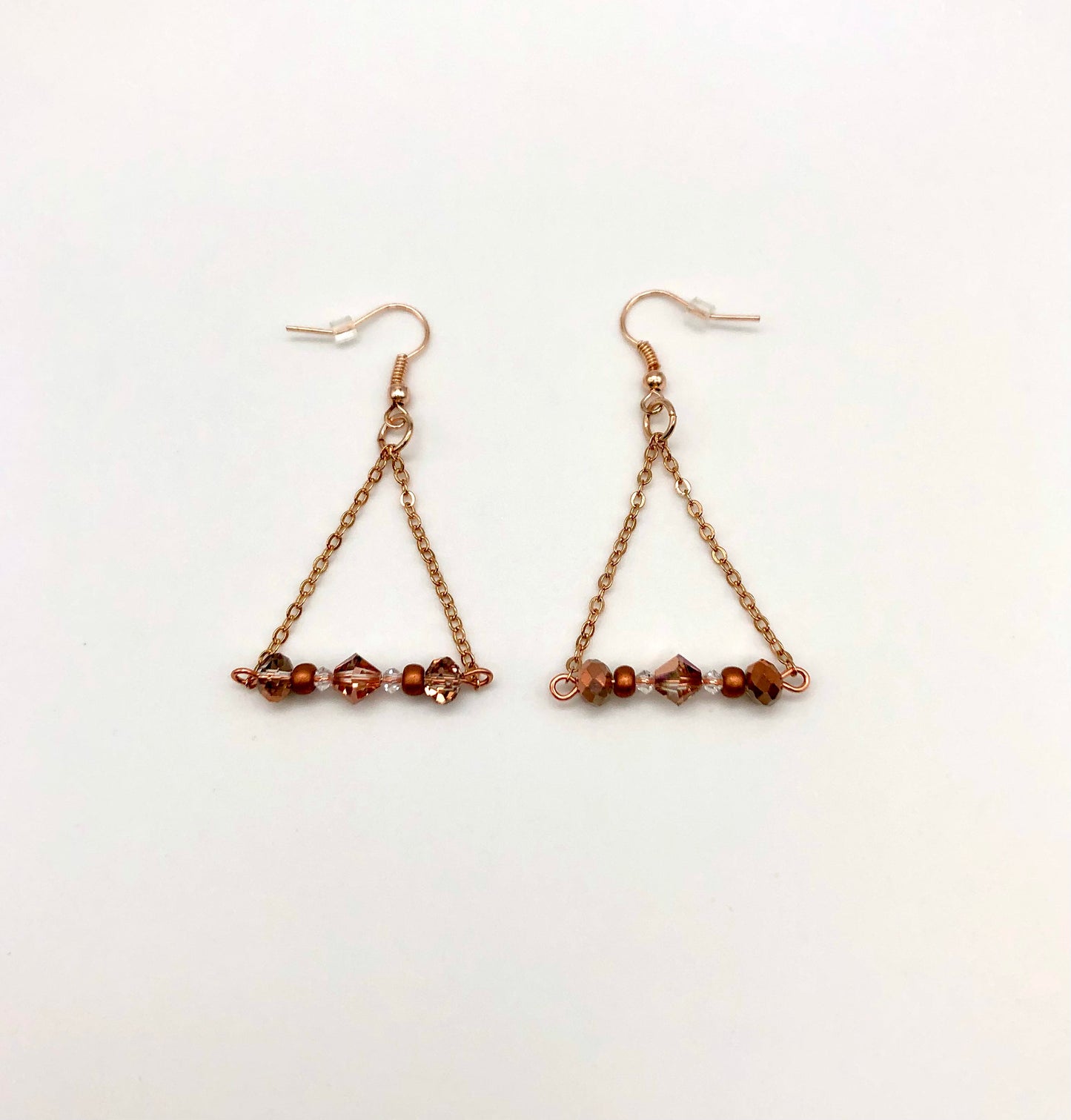 Rose gold bead and chain triangle earrings
