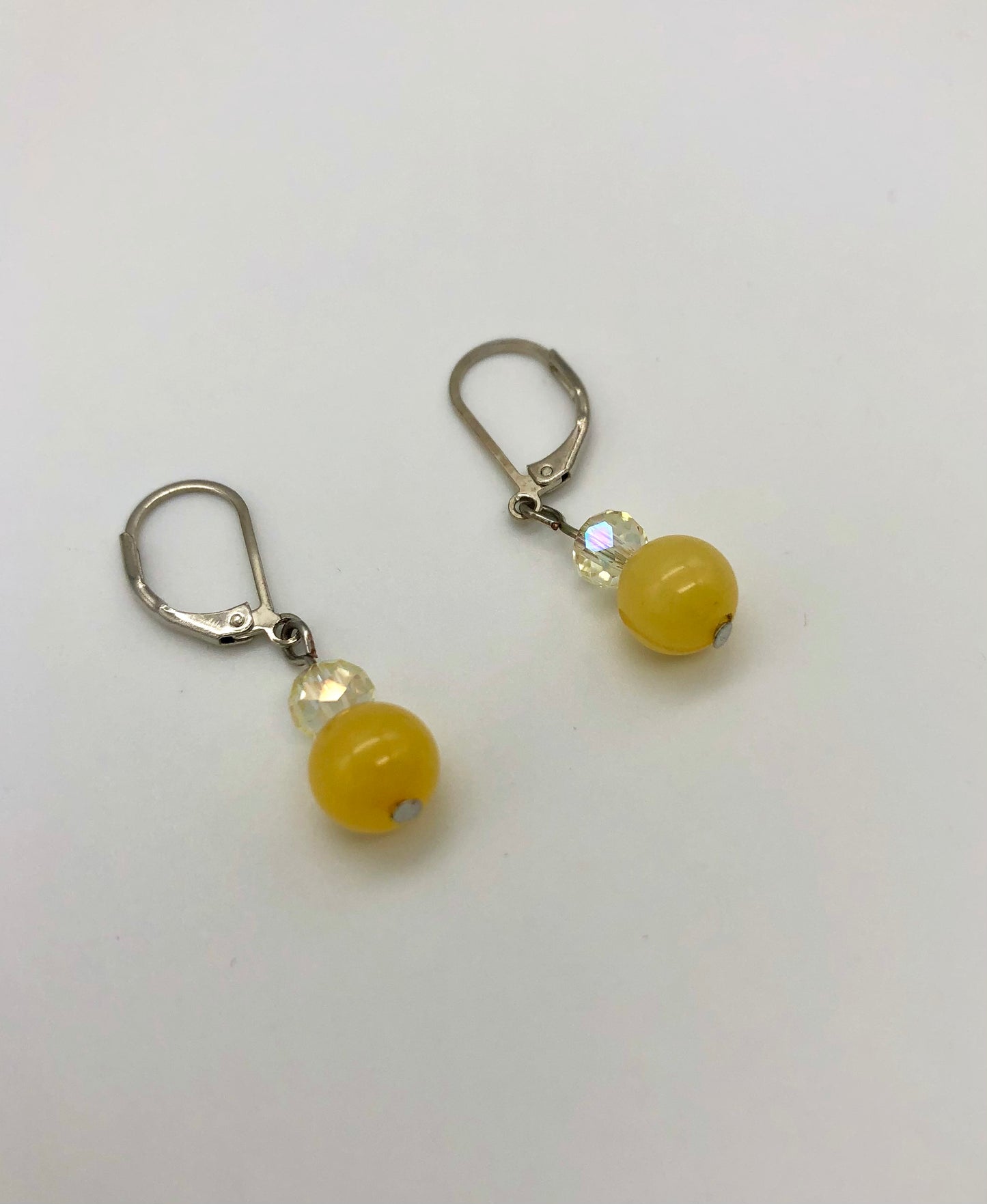 Yellow natural stone and glass bead lever back earrings