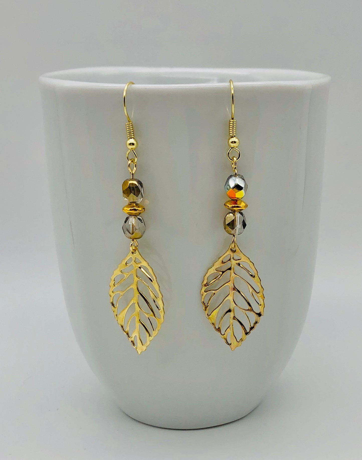 Gold leaf with gold and amber beads earrings