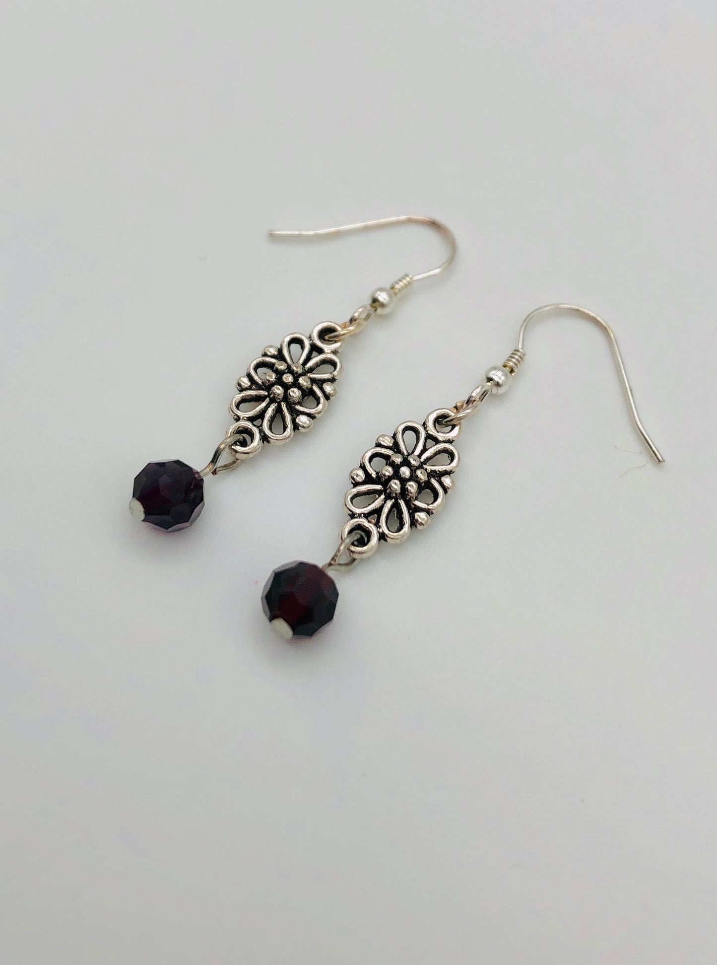 Purple glass bead flower drop earrings