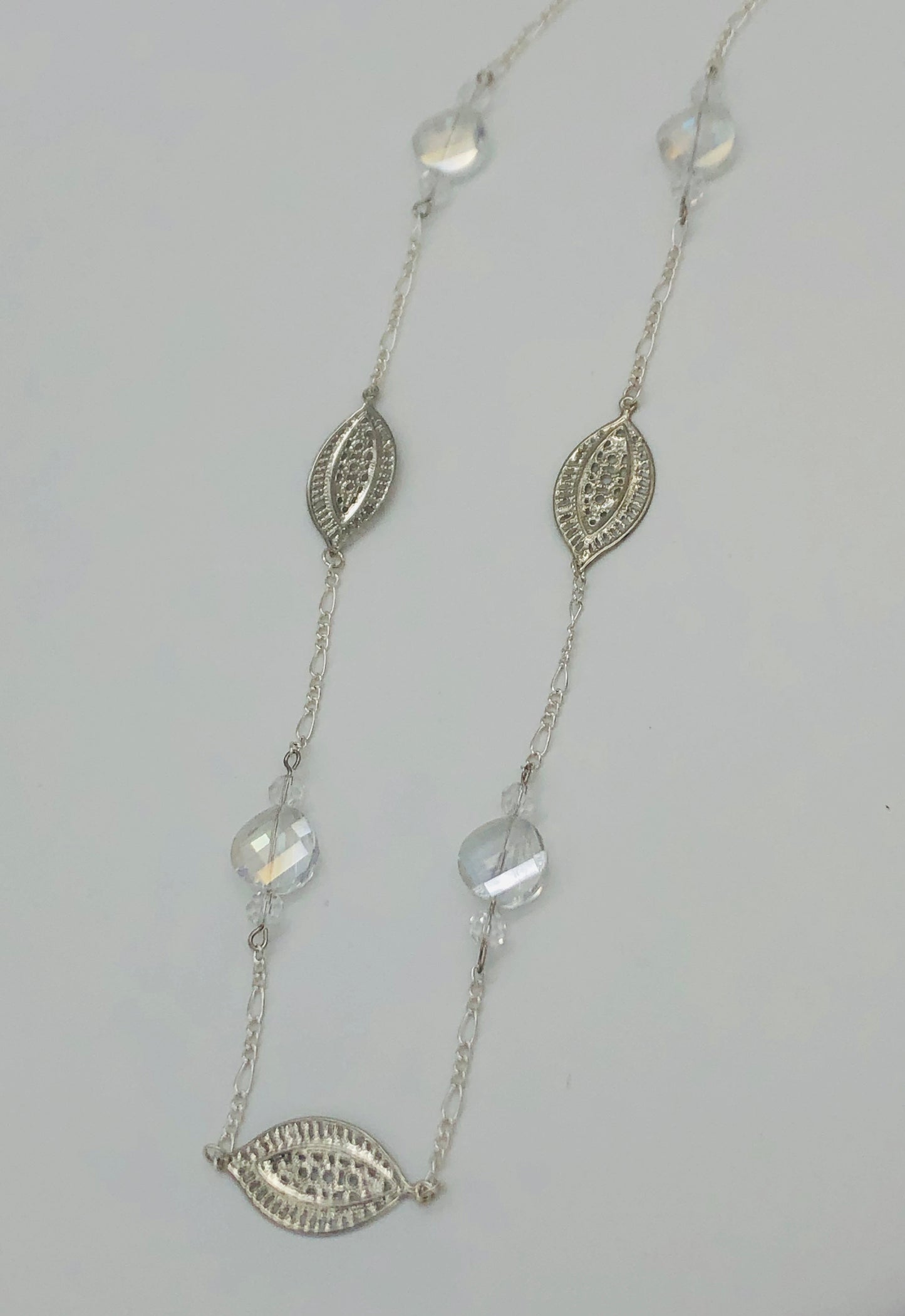 Silver plated paisley cut connector and round crystal glass bead chain necklace