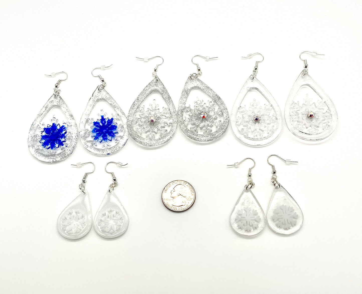 Resin snowflake teardrop shape earrings