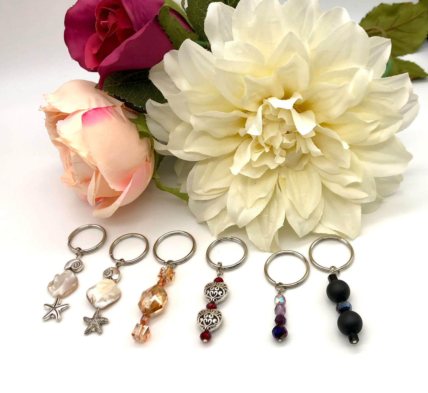 Glass bead keychain, beach shell keychain, silver heart keychain