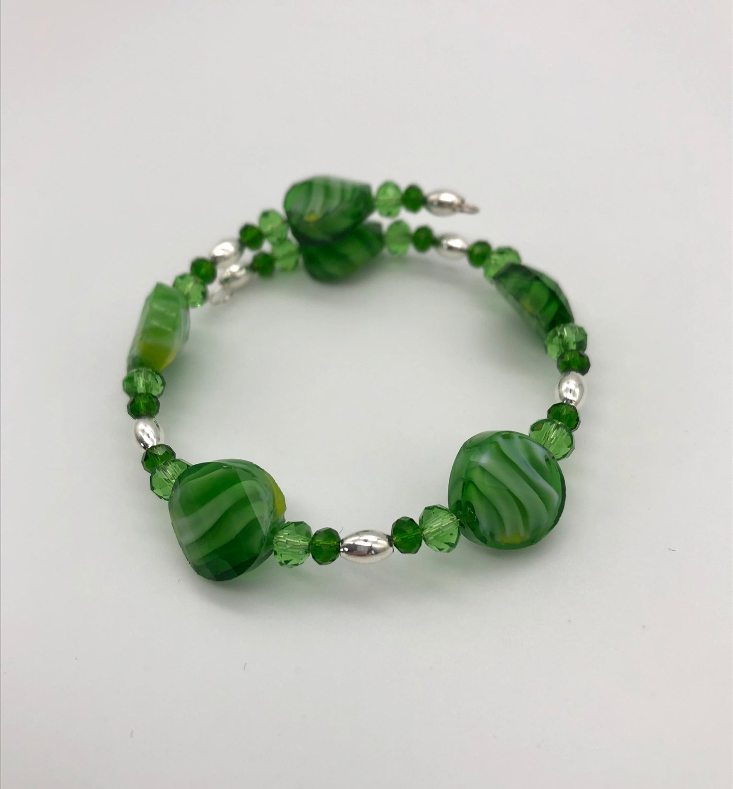 Green marble glass beads silver oval beads memory wire bracelet