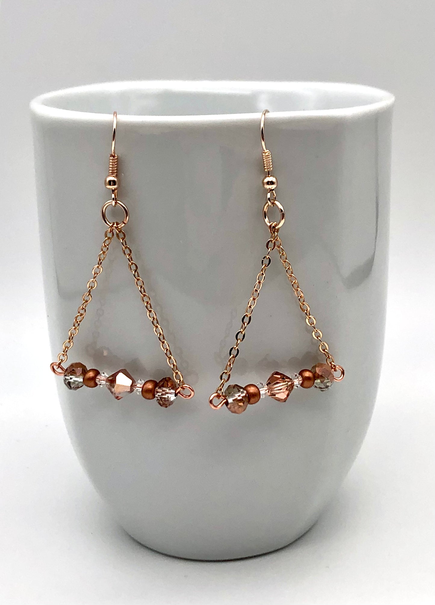 Rose gold bead and chain triangle earrings