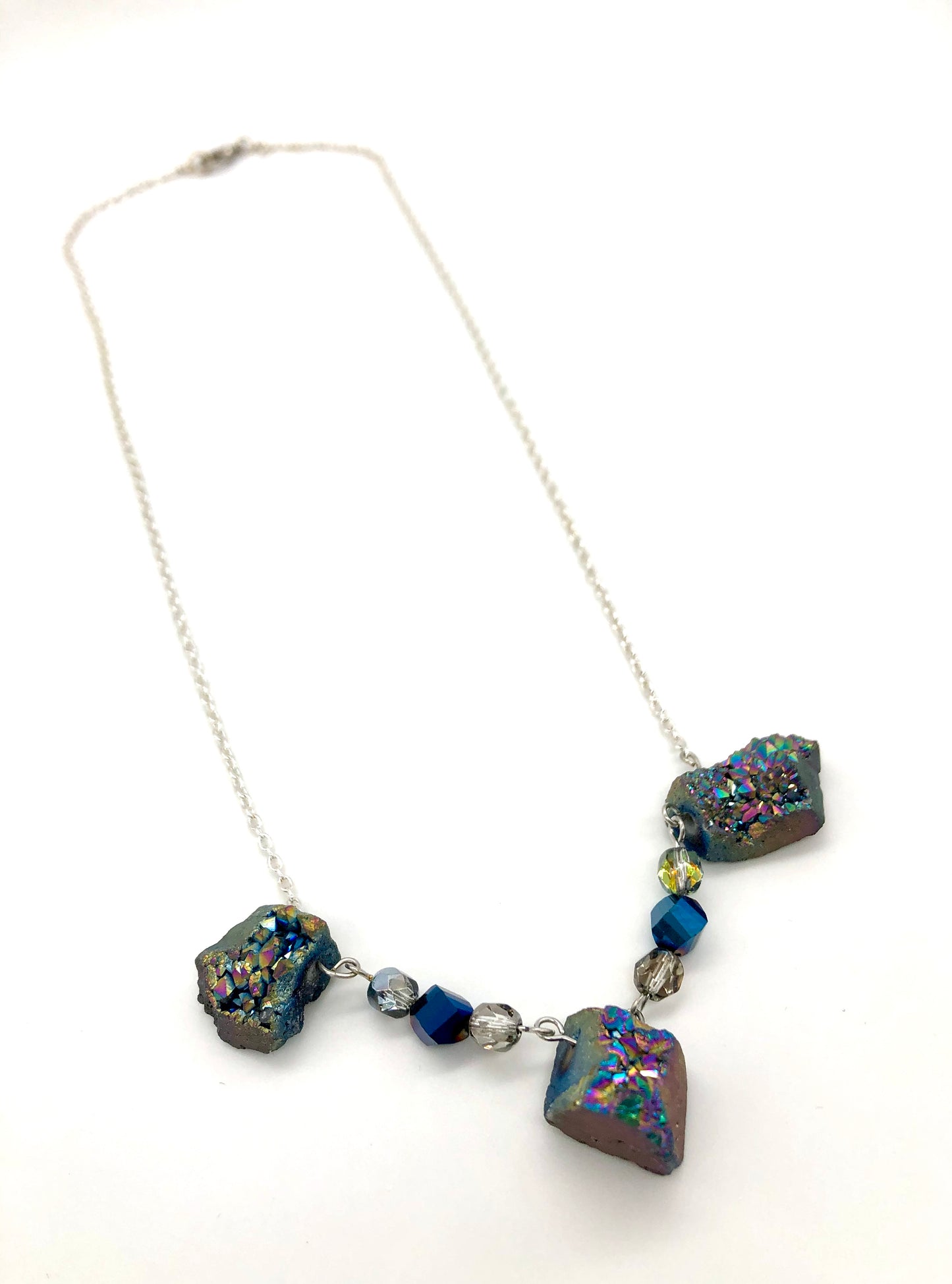 Blue druzy and silver chain necklace