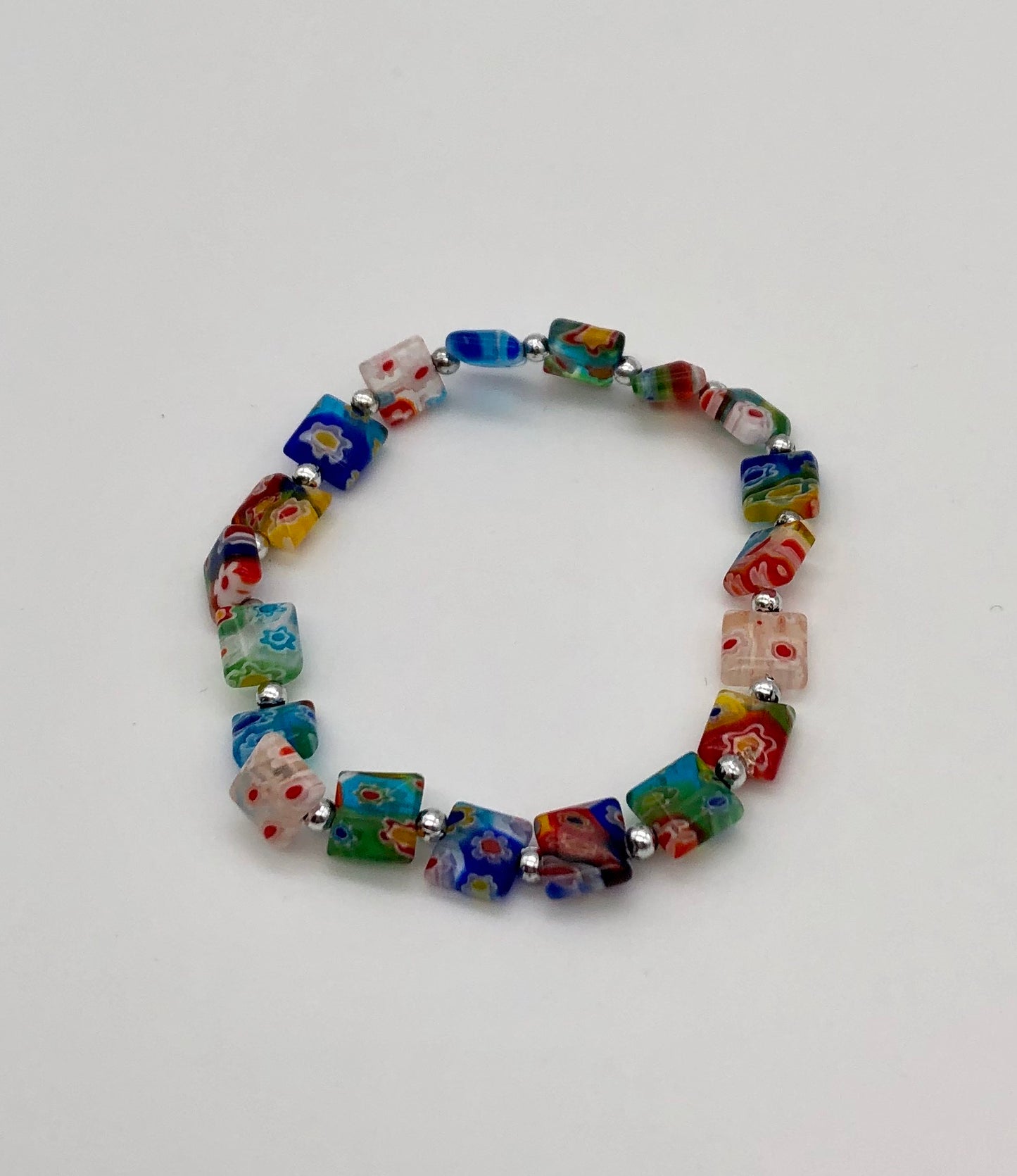 Multi-colored millefiori square beaded stretch bracelet