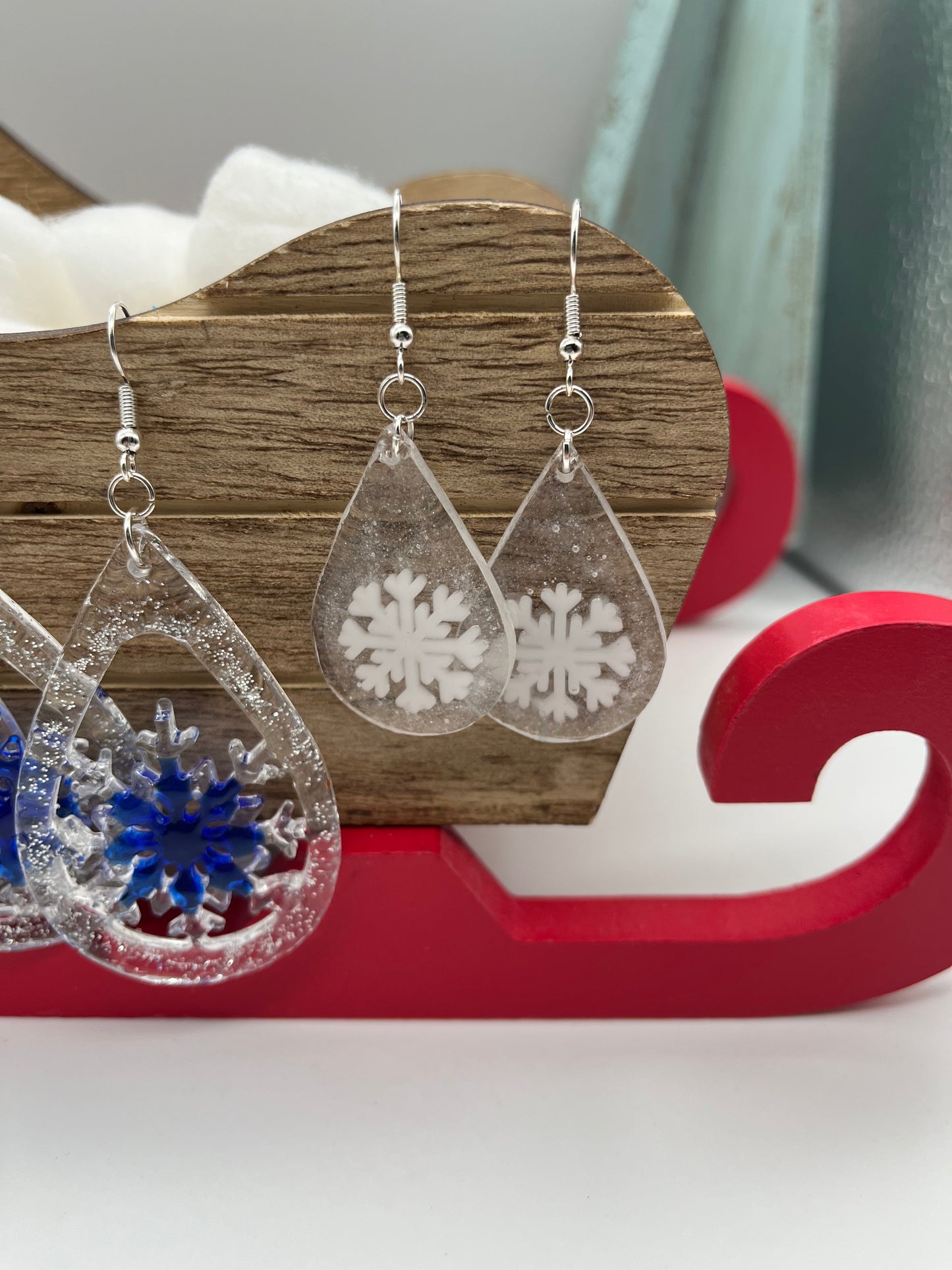 Resin snowflake teardrop shape earrings