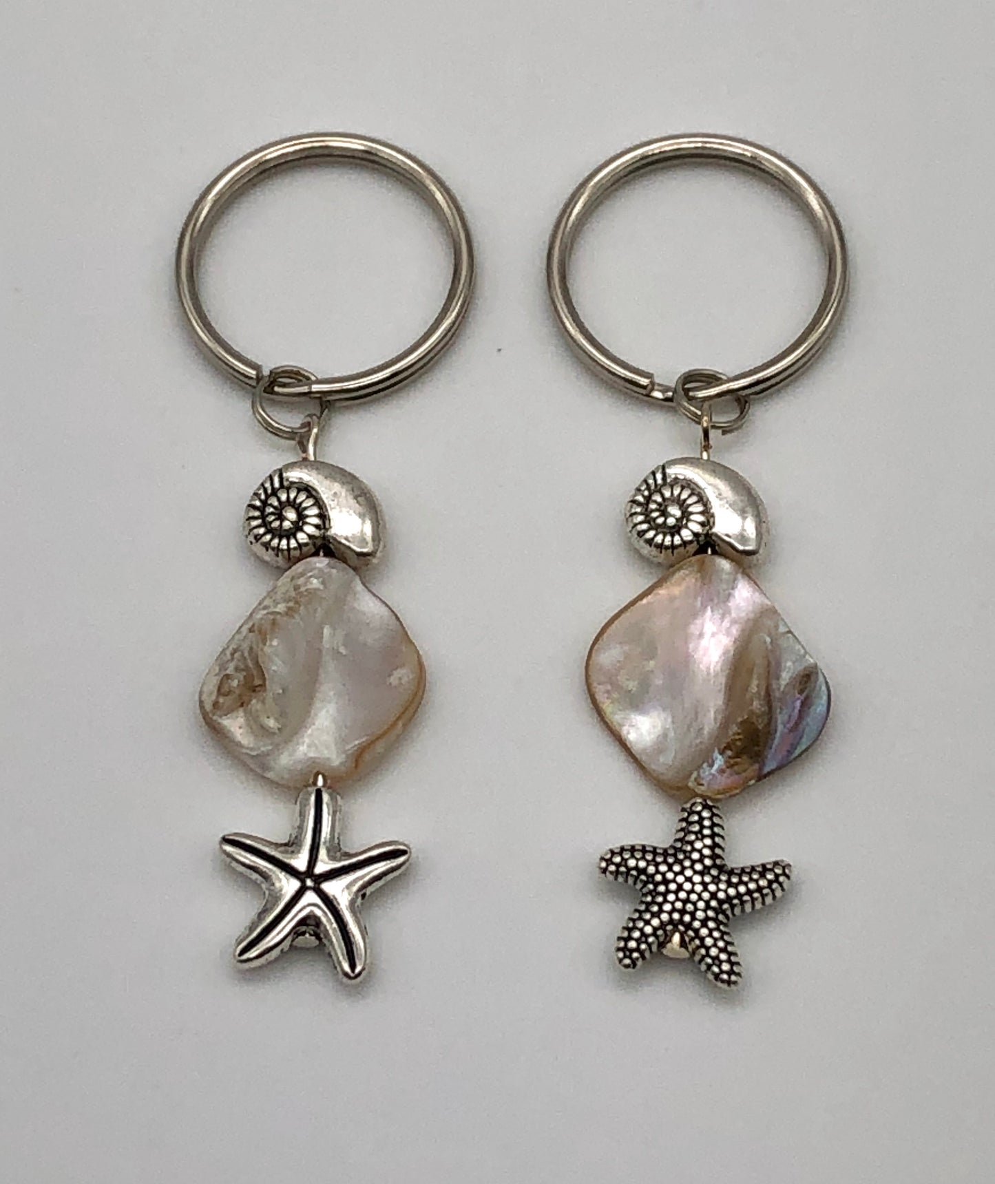 Glass bead keychain, beach shell keychain, silver heart keychain