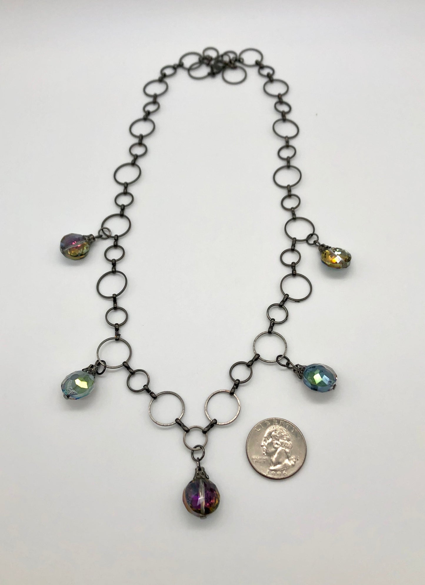 Iridescent glass bulb beads on circle chain necklace