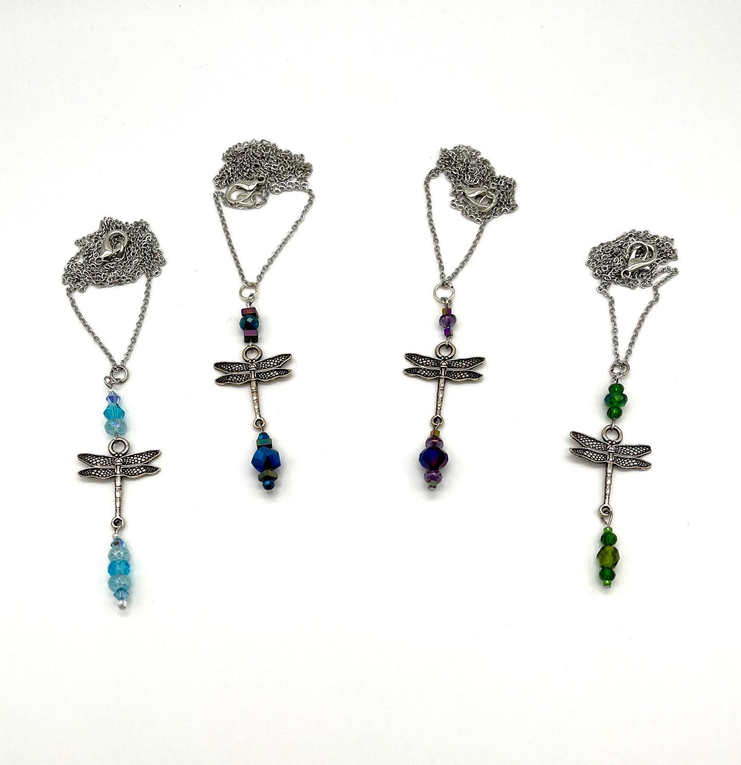 Dragonfly pendant with glass bead detail stainless steel necklace
