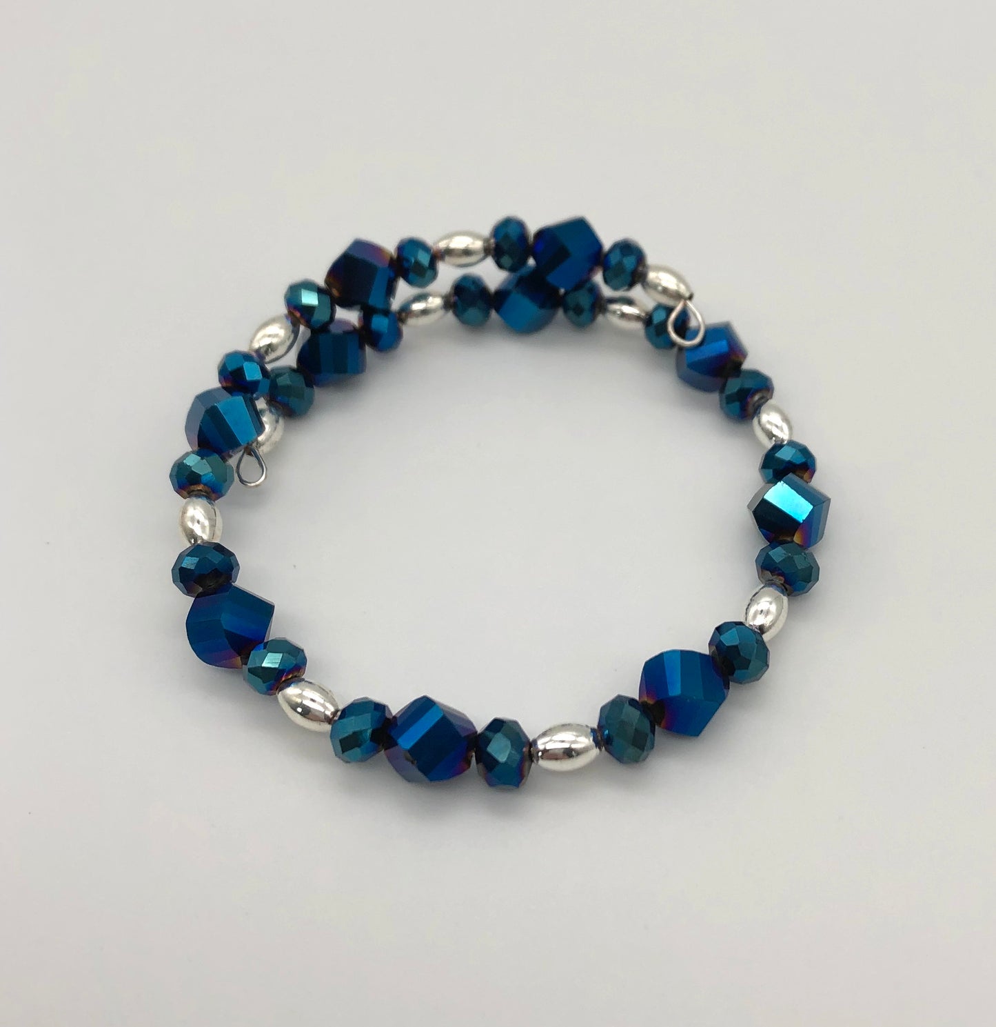 Metallic blue silver bead memory wire bracelet