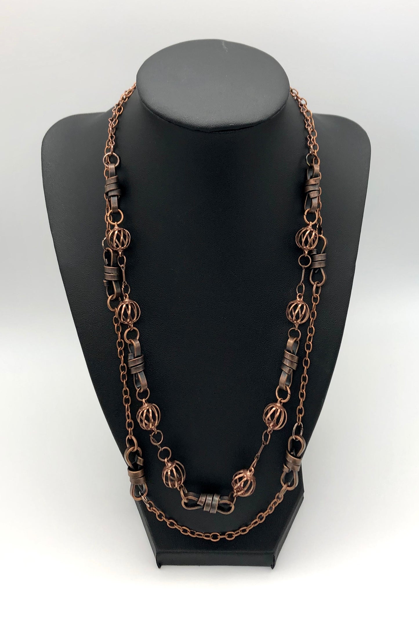 Oxidized copper two-strand chain with rope and curve ball detail necklace