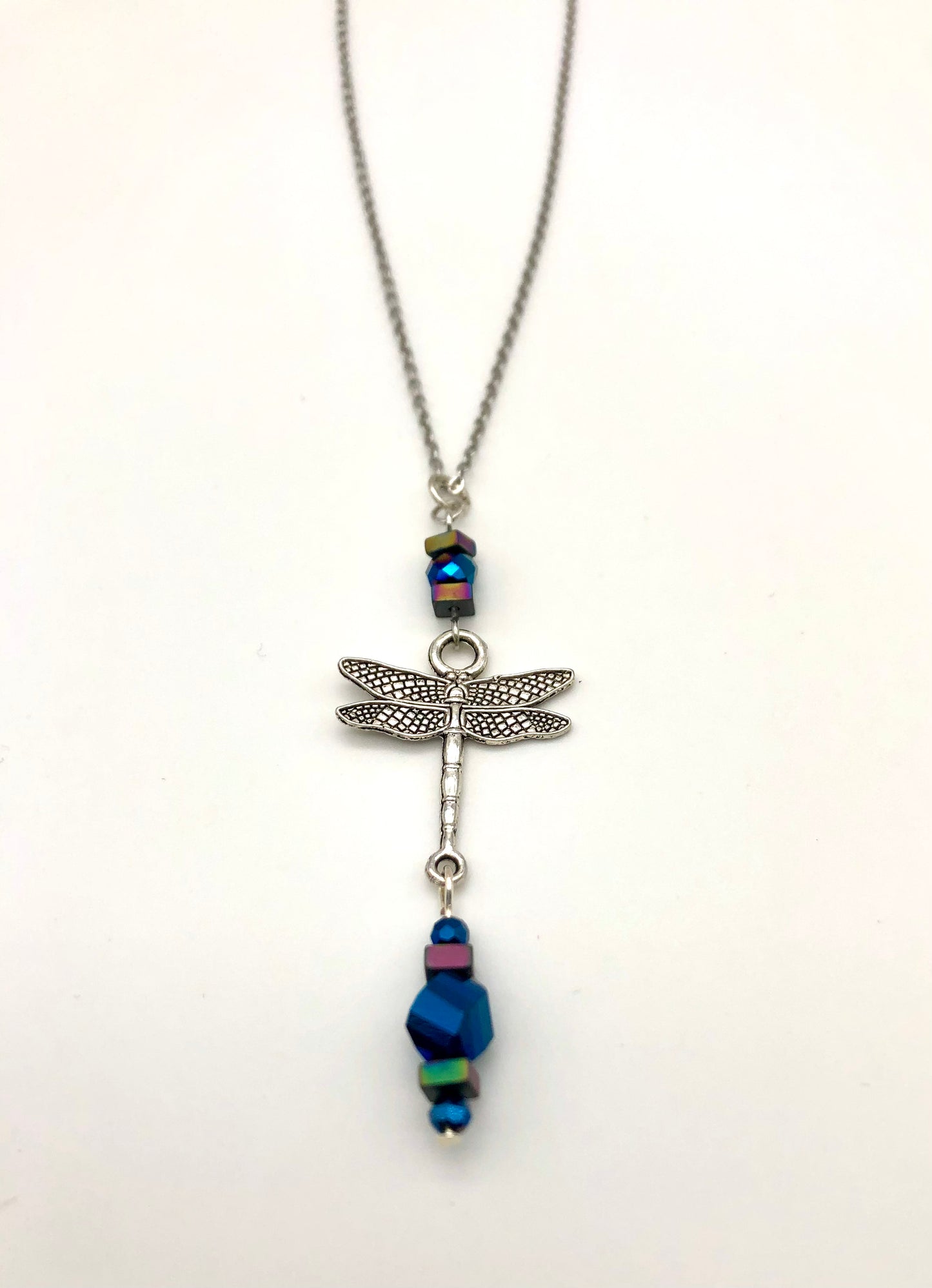Dragonfly pendant with glass bead detail stainless steel necklace